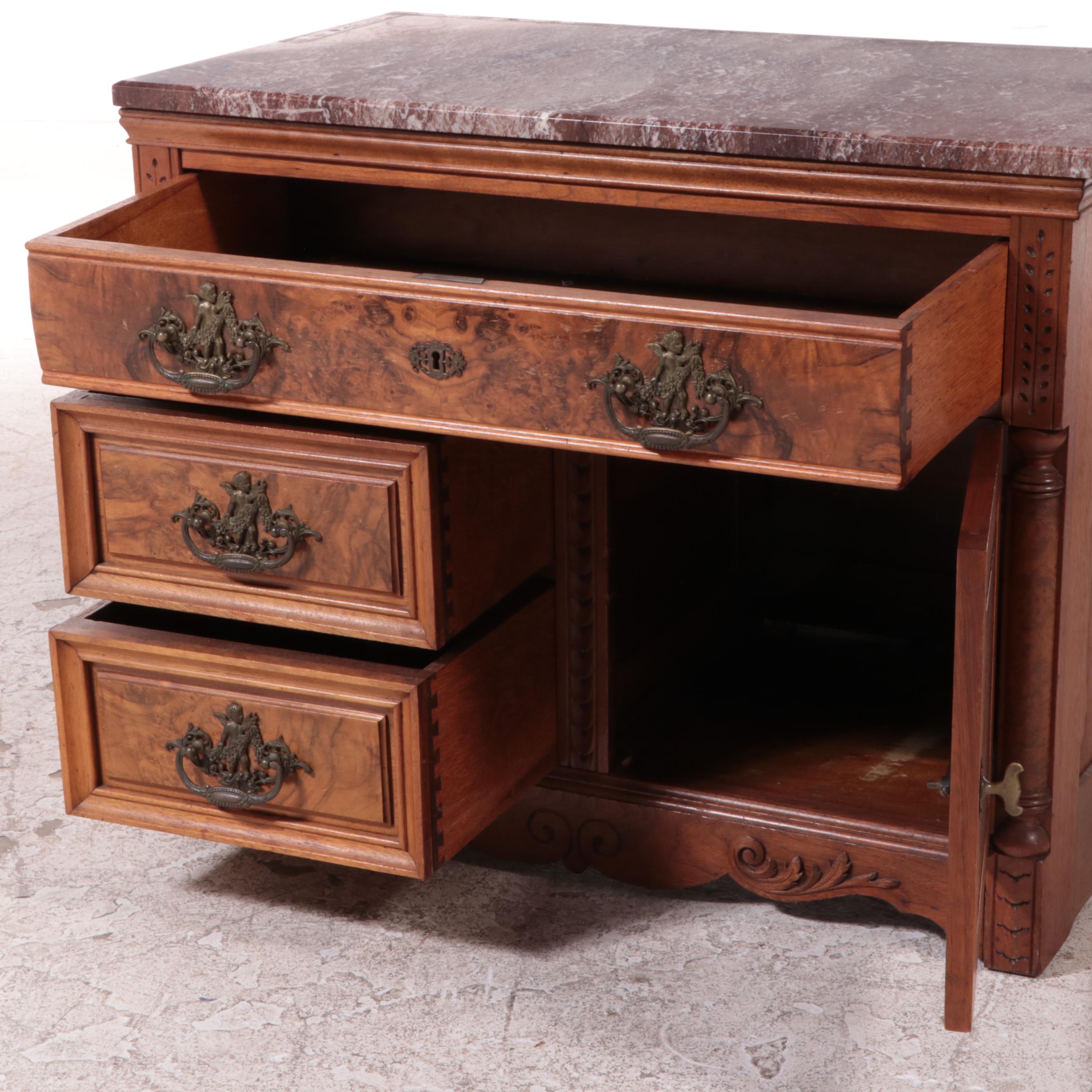 Victorian Eastlake Walnut and Burl Walnut Washstand with Marble Top, Late 19th C