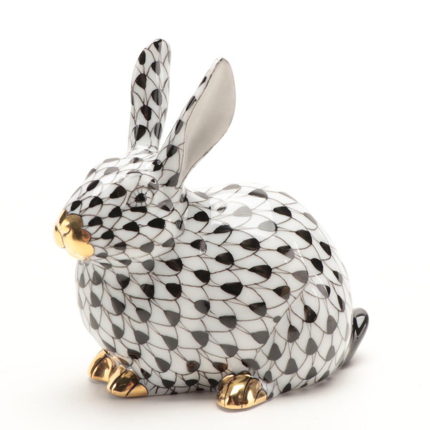 Herend Guild Black Fishnet with Gold "Chubby Bunny" Porcelain Figurine, 2006