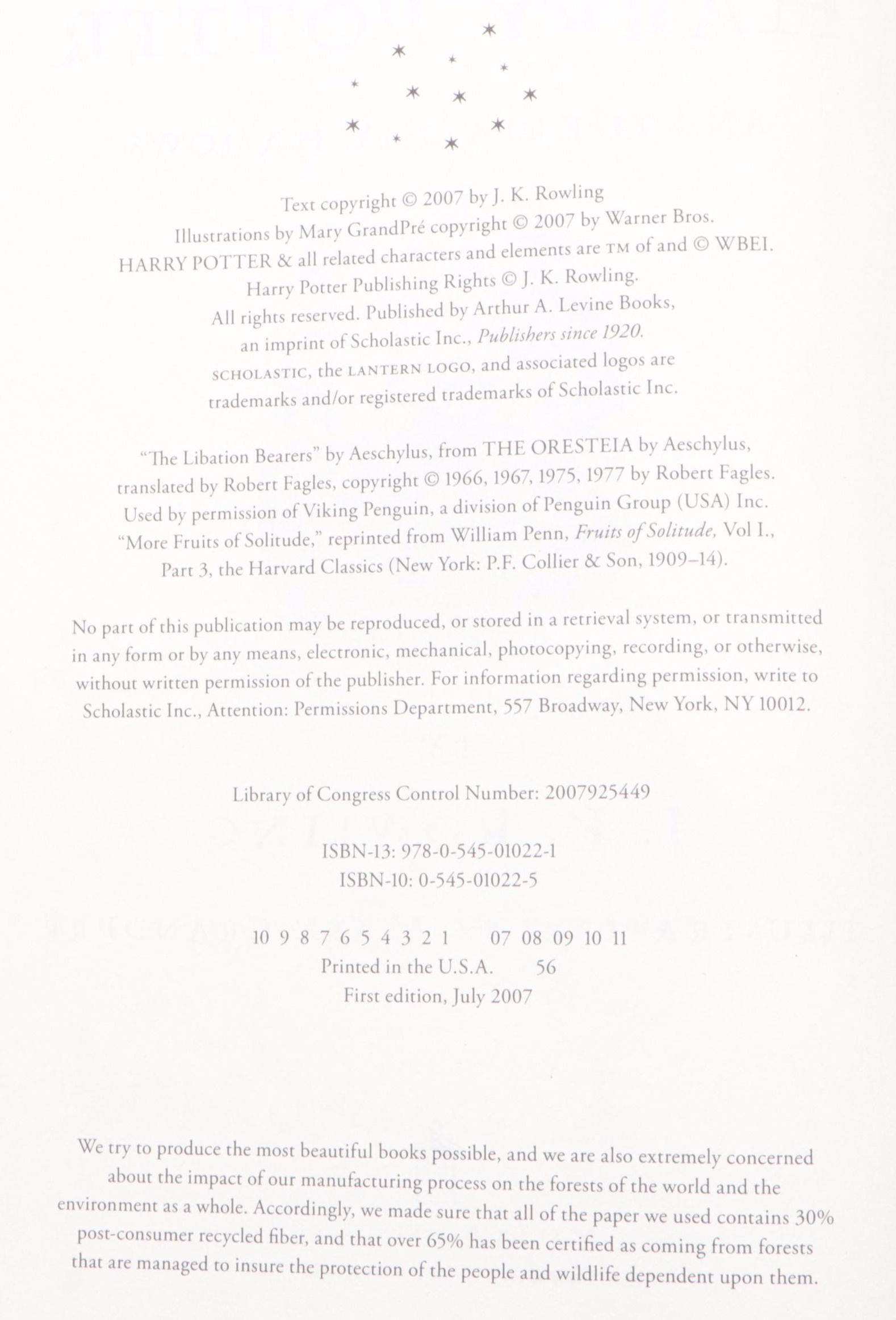 First Edition "Harry Potter and the Deathly Hallows" by J. K. Rowling, 2007