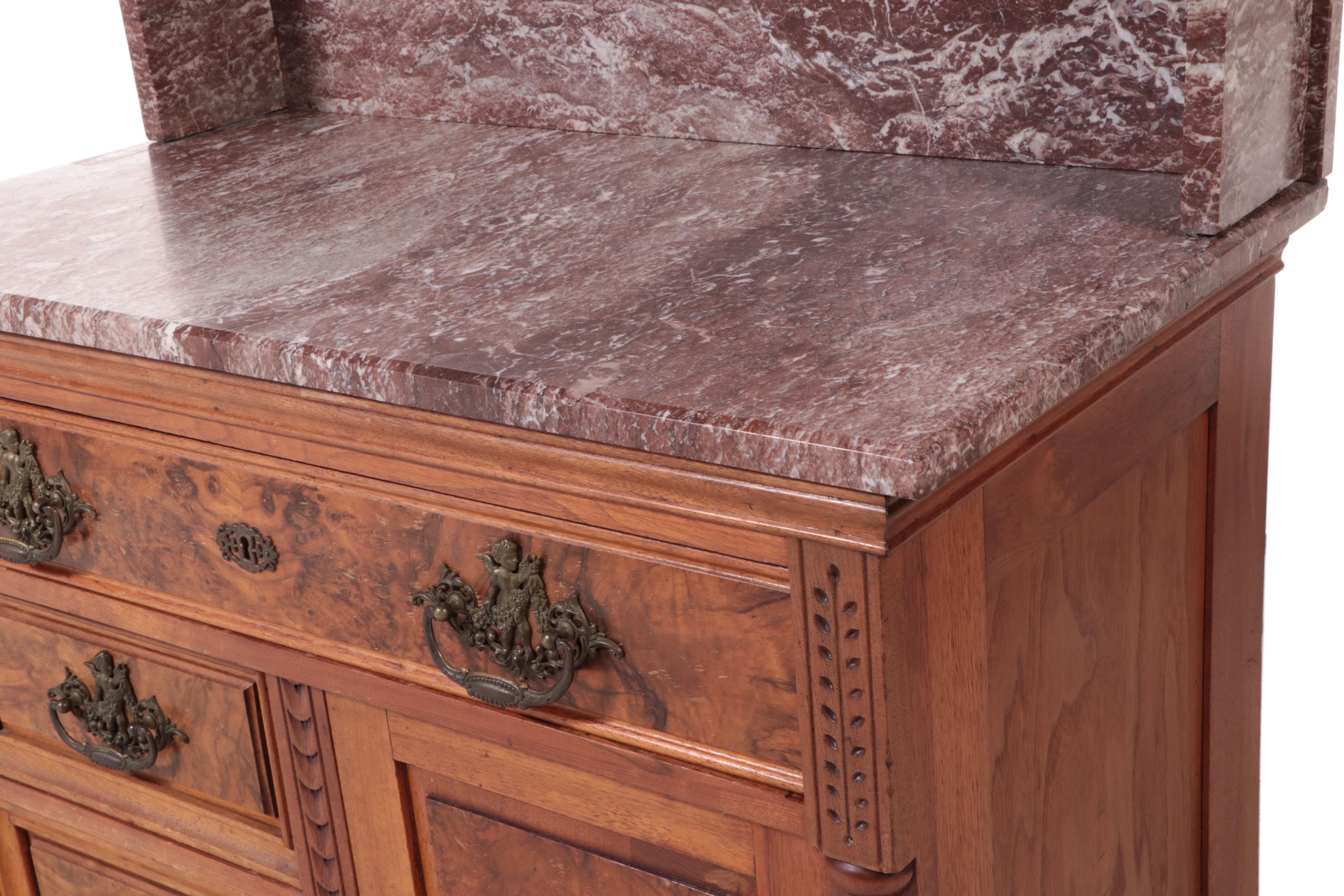 Victorian Eastlake Walnut and Burl Walnut Washstand with Marble Top, Late 19th C