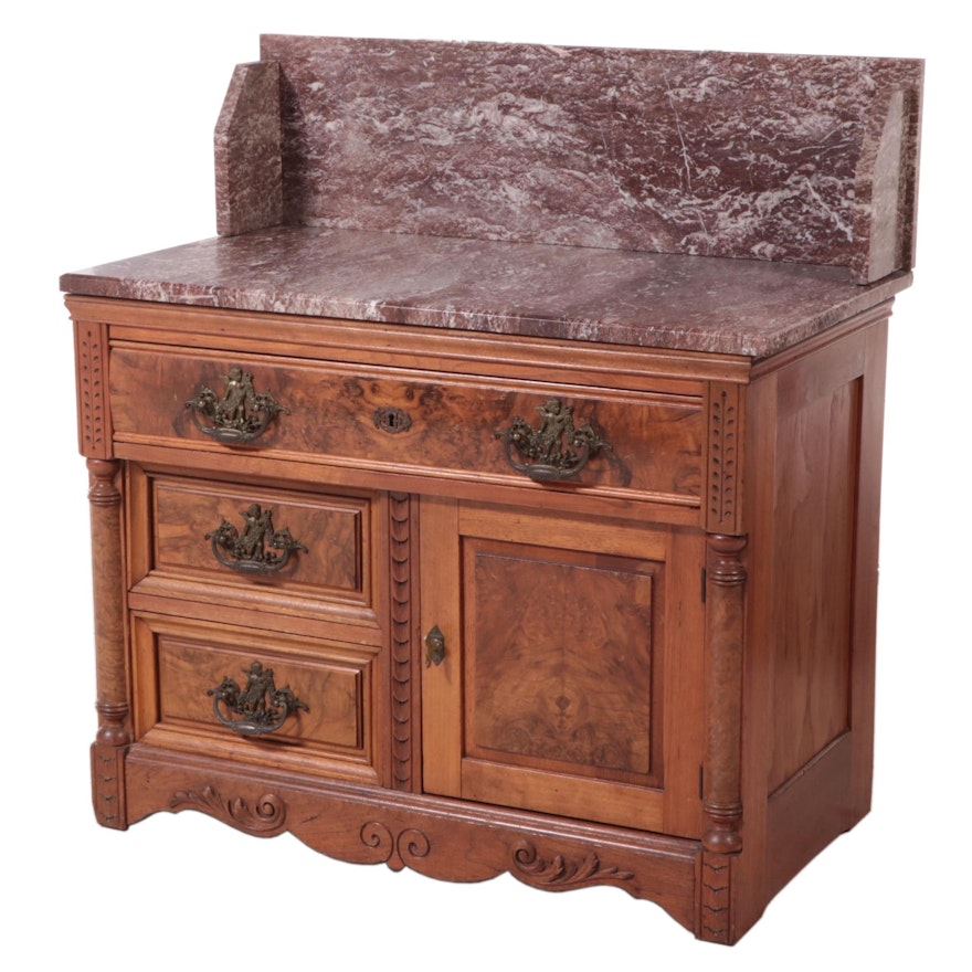Victorian Eastlake Walnut and Burl Walnut Washstand with Marble Top, Late 19th C