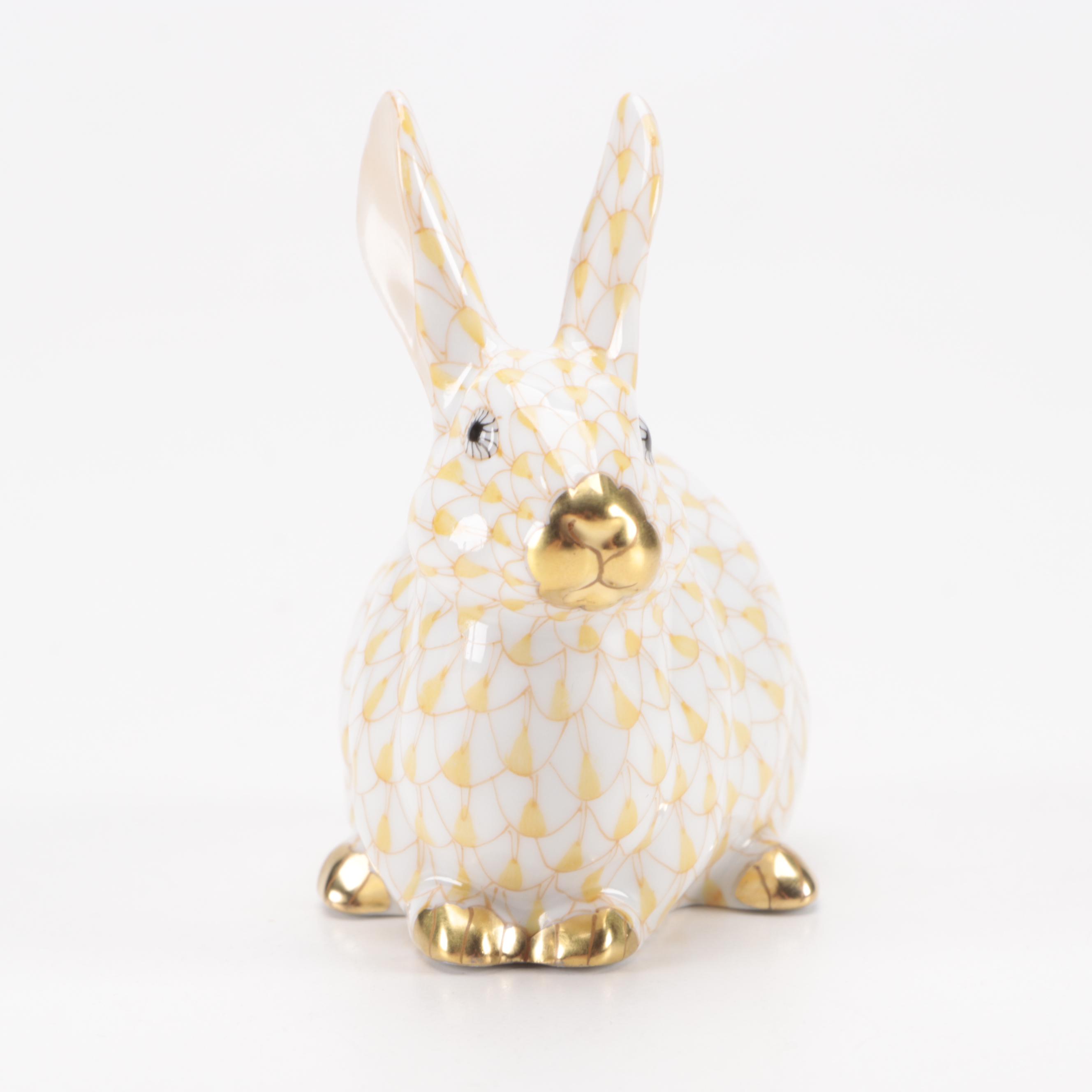 Herend Guild Butterscotch Fishnet with Gold "Chubby Bunny" Porcelain Figurine