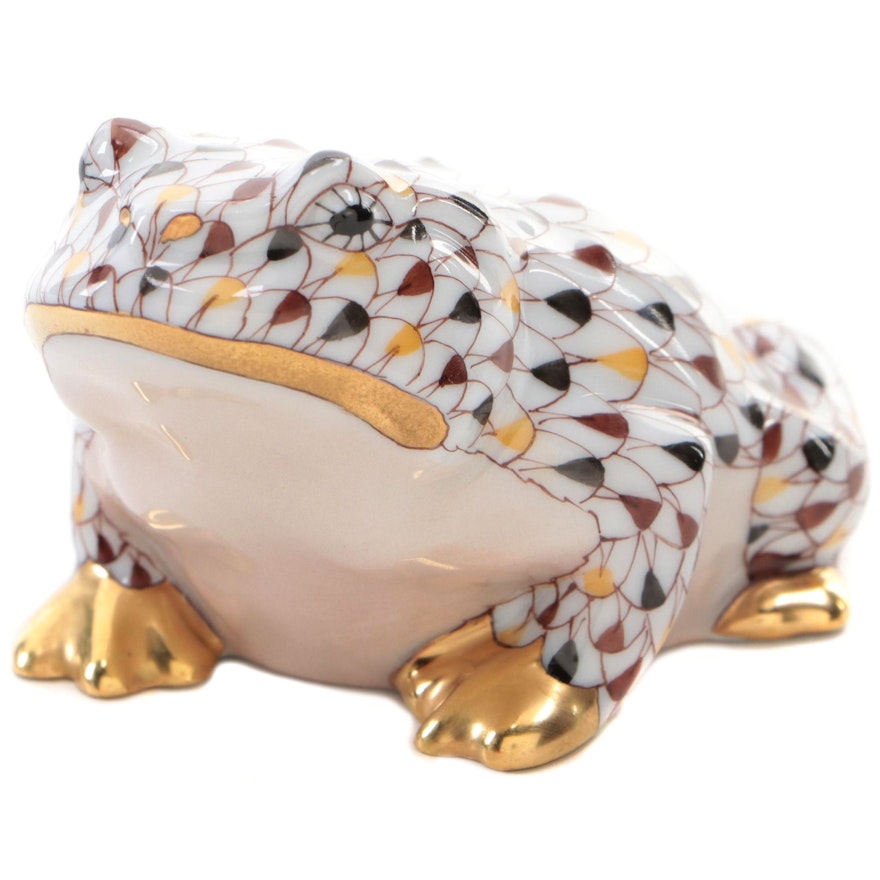 Herend Chocolate Mosaic Fishnet with Gold "Frog" Porcelain Figurine
