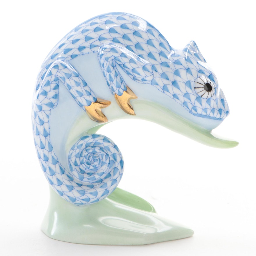 Herend Blue Fishnet with Gold "Chameleon" Porcelain Figurine
