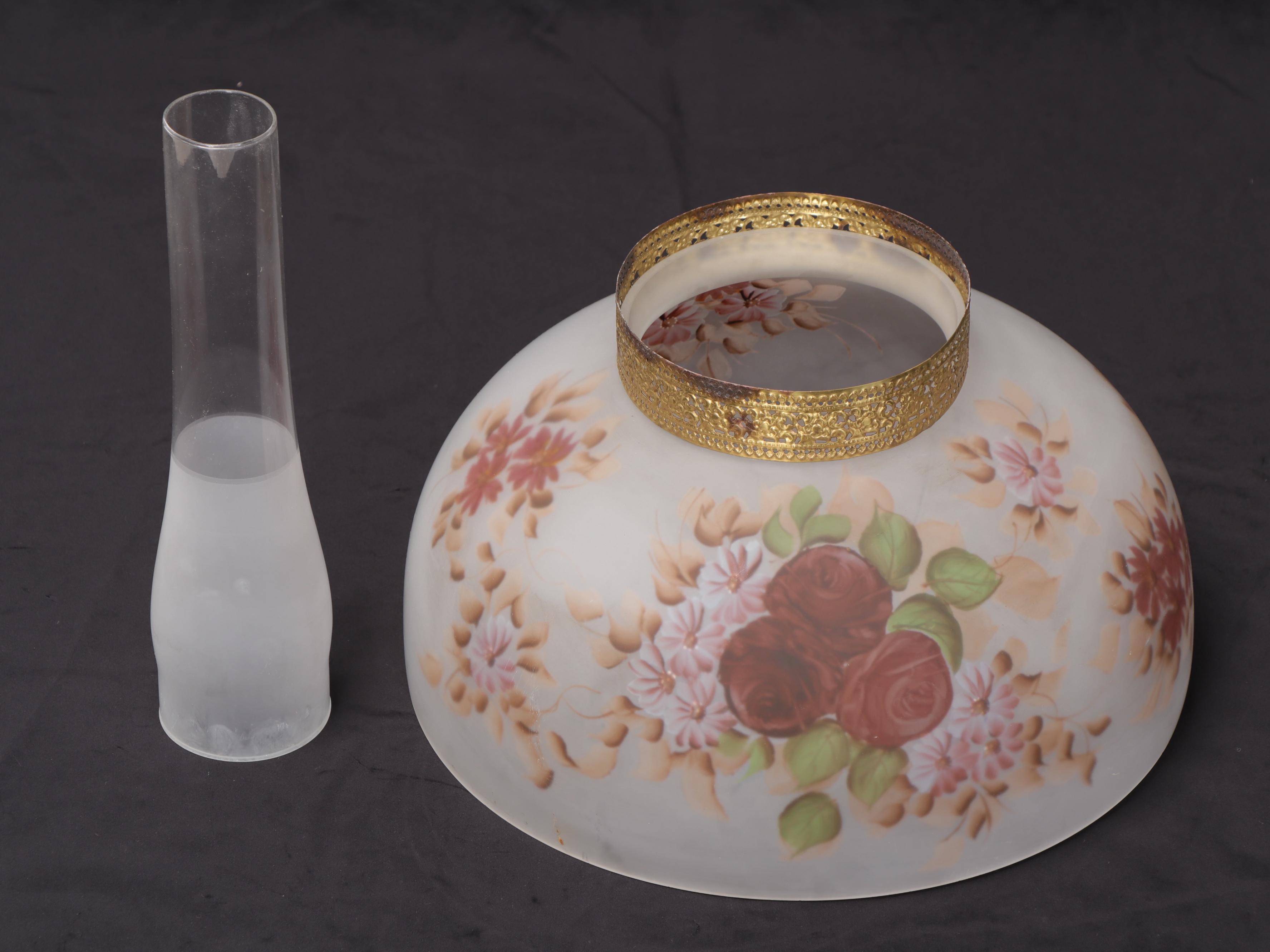 Victorian Converted Brass Oil Pendant Lamp with Reverse Painted Glass Shade