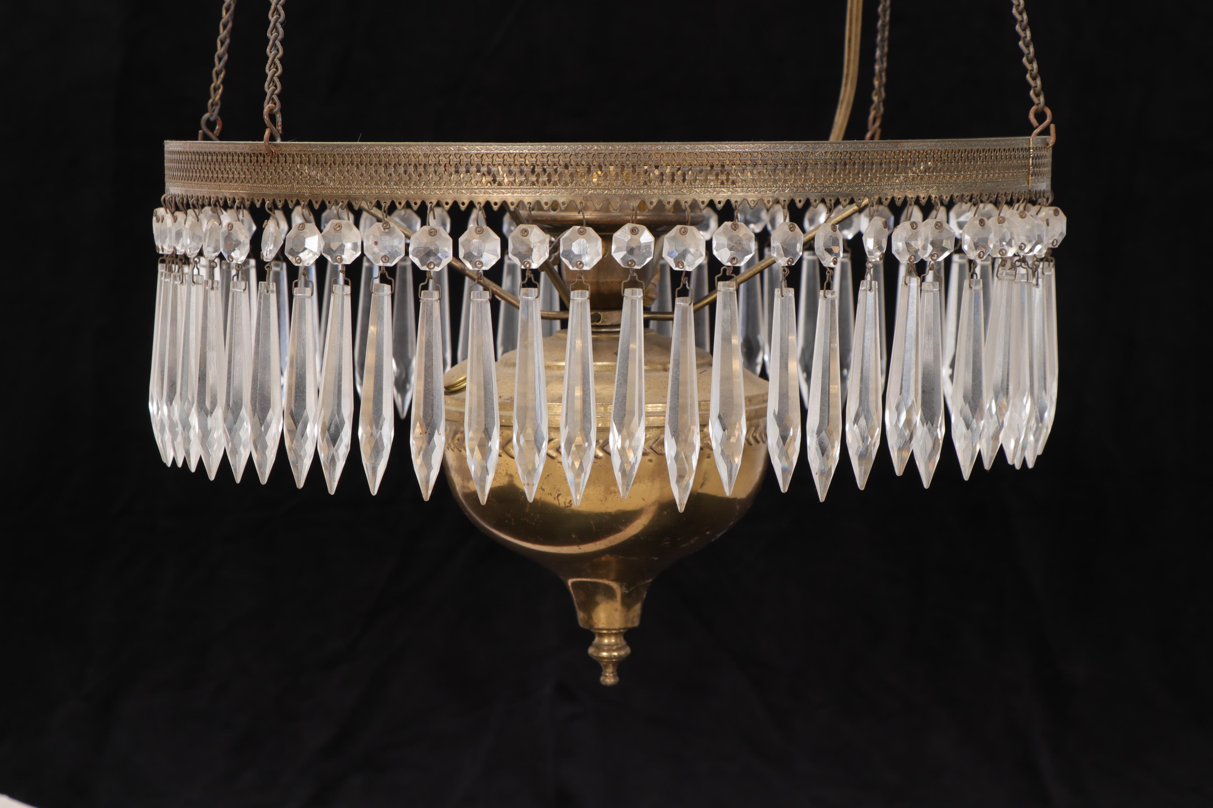 Victorian Converted Brass Oil Pendant Lamp with Reverse Painted Glass Shade