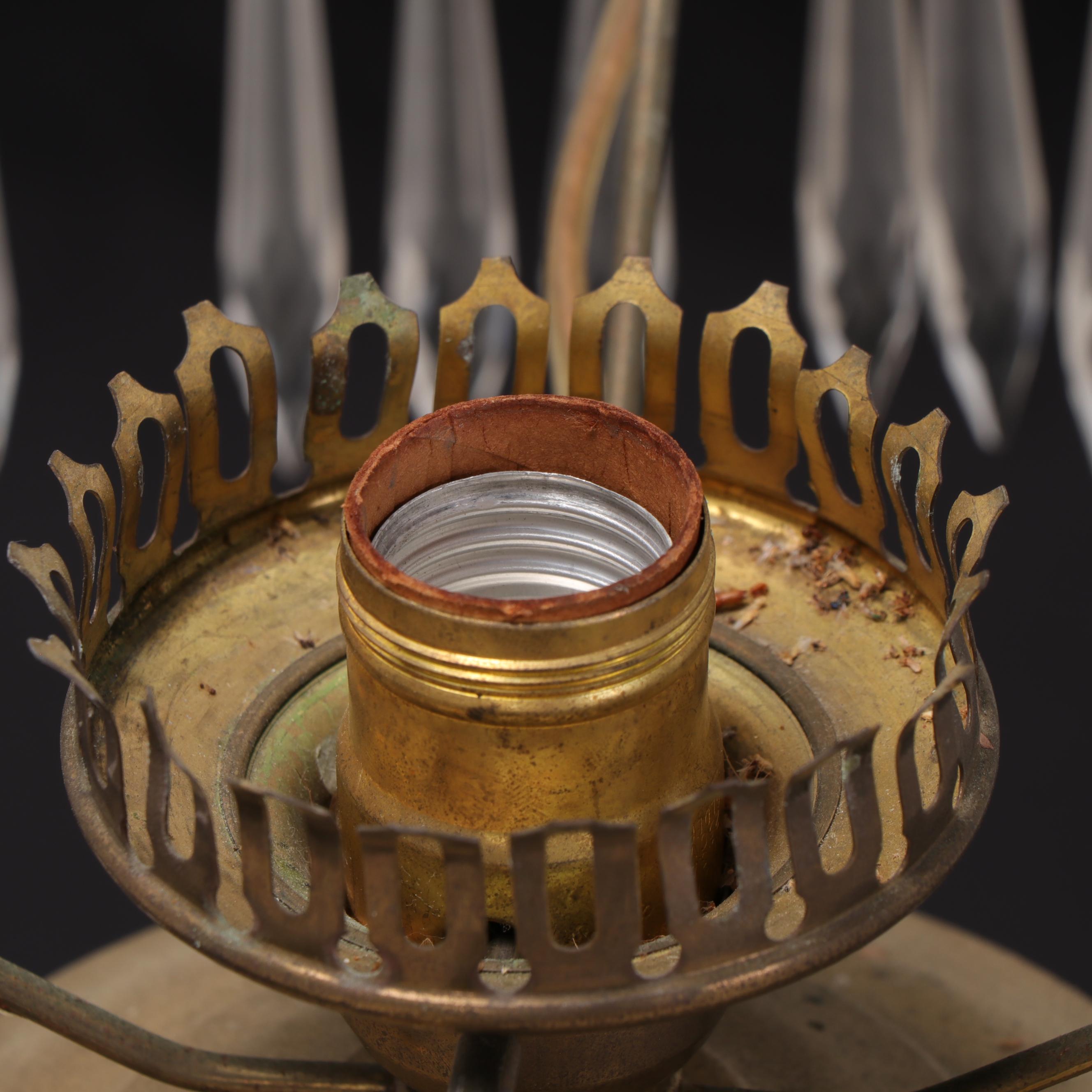 Victorian Converted Brass Oil Pendant Lamp with Reverse Painted Glass Shade