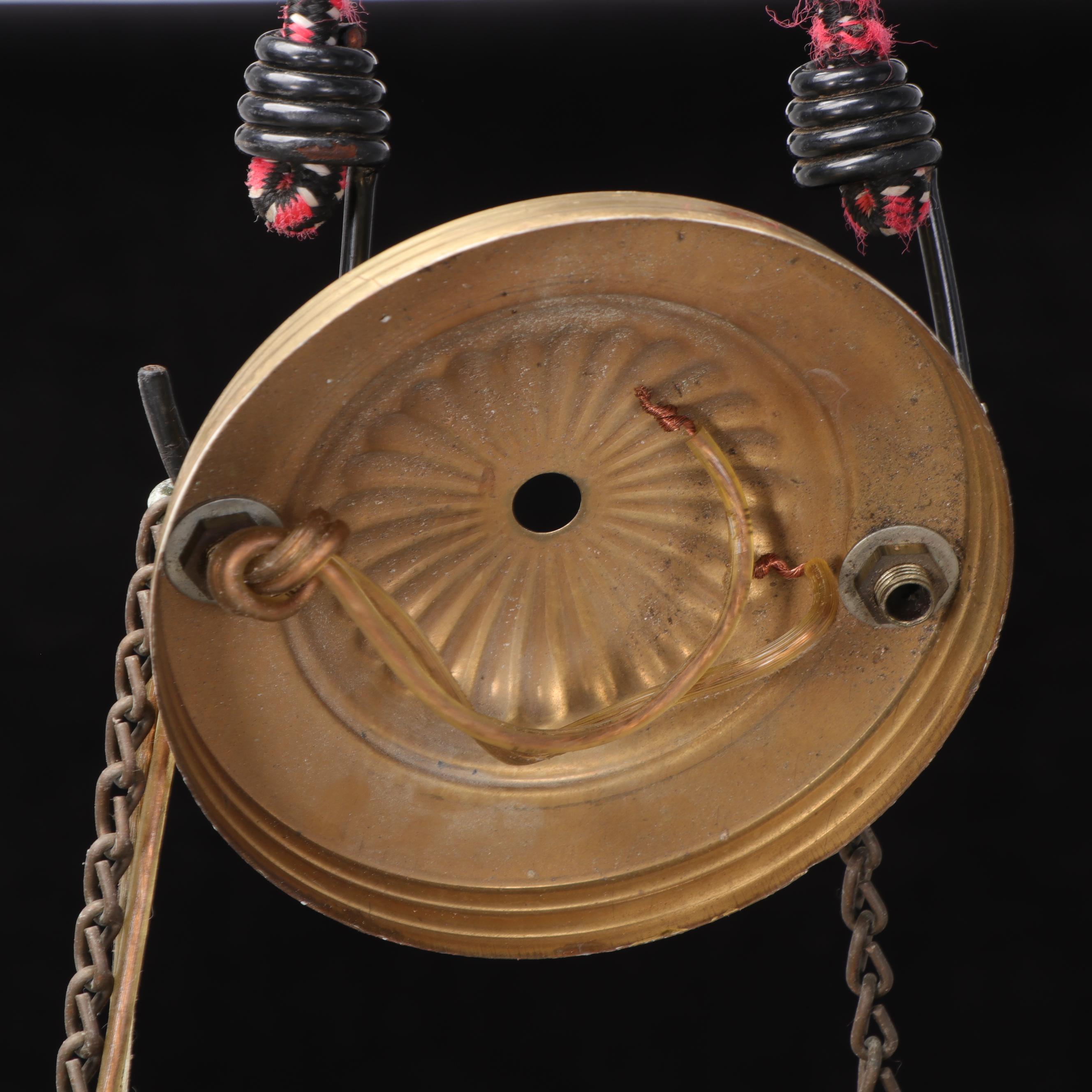 Victorian Converted Brass Oil Pendant Lamp with Reverse Painted Glass Shade