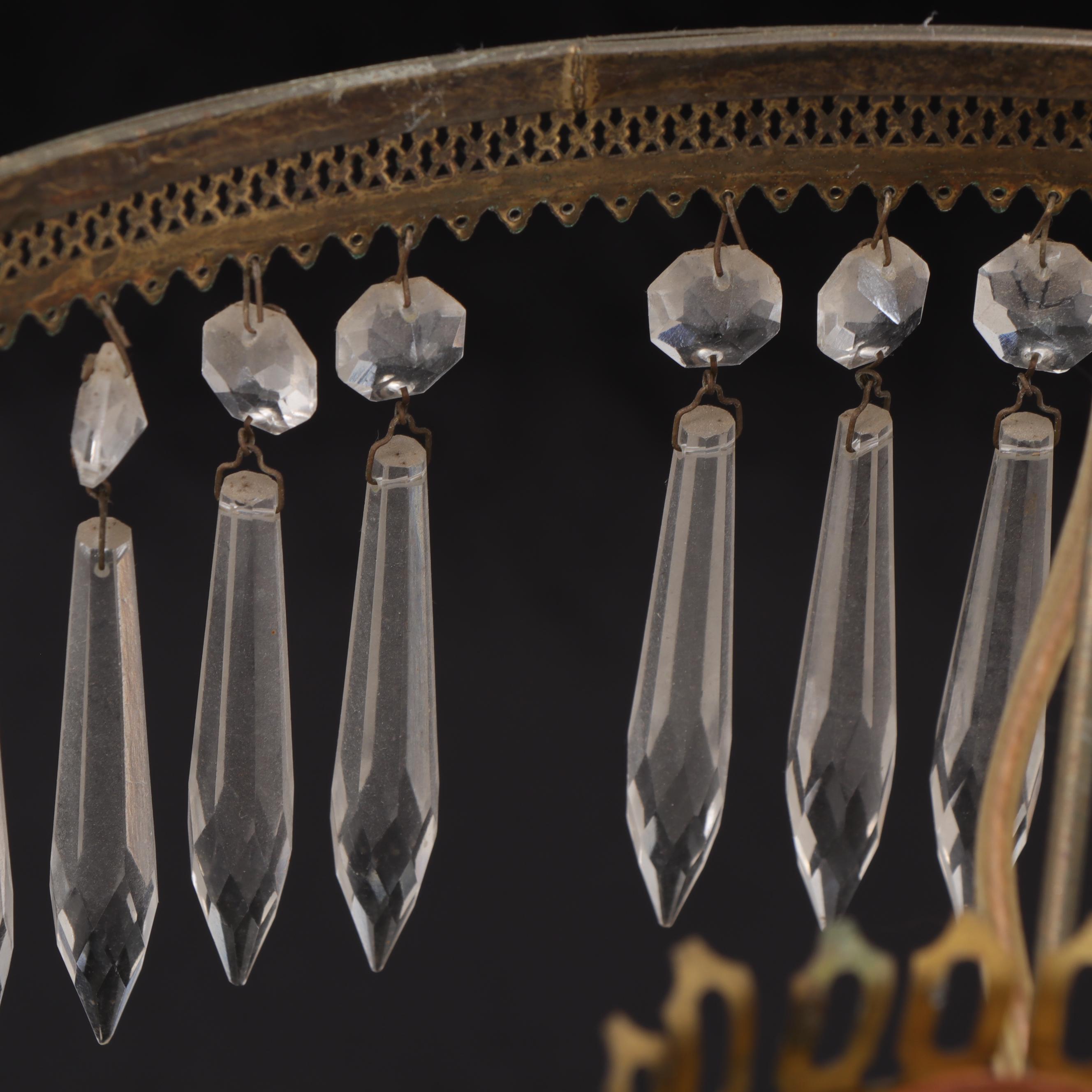 Victorian Converted Brass Oil Pendant Lamp with Reverse Painted Glass Shade