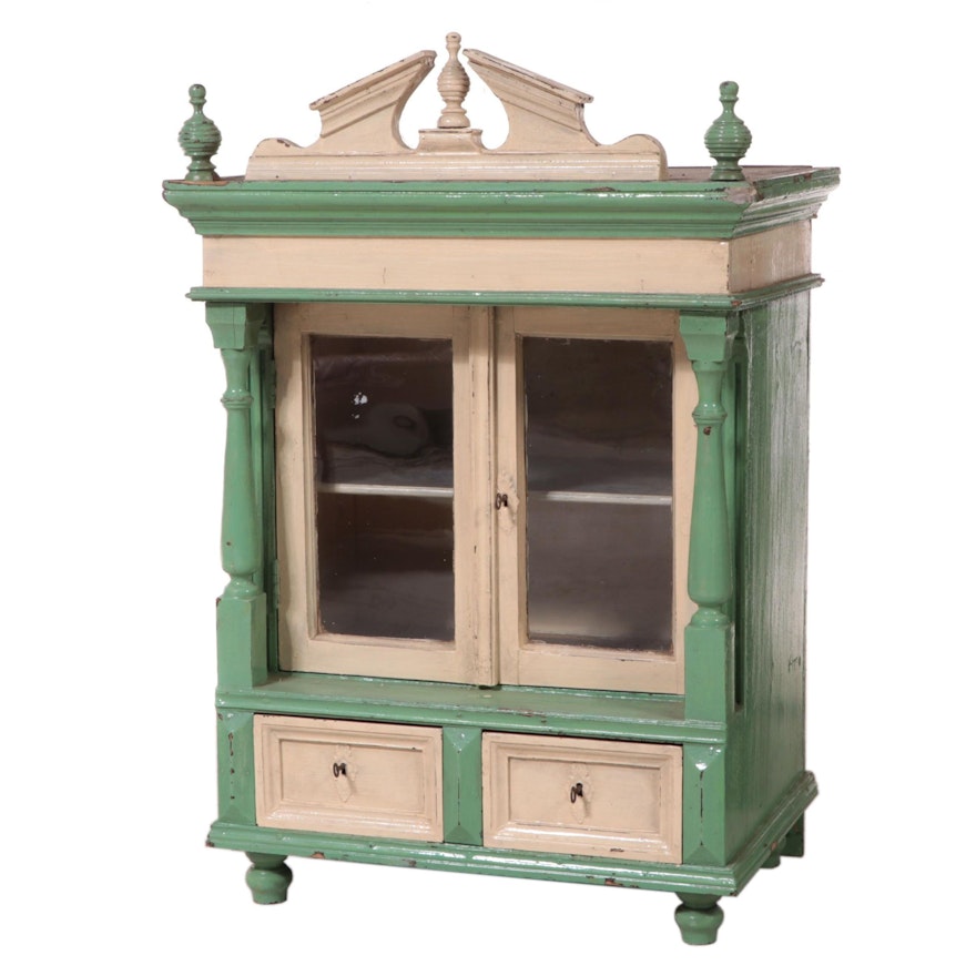 Hungarian Antique Painted Pine Counter Cabinet with Pediment and Two-Drawers