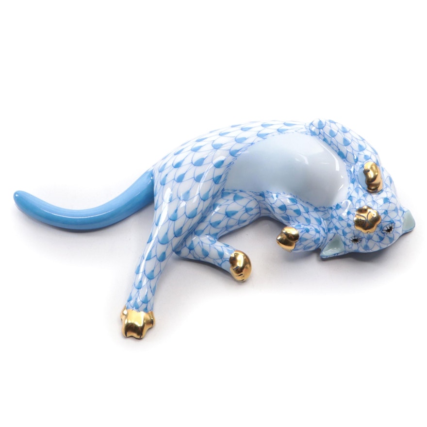 Herend Blue Fishnet with Gold "Minnie the Calico Cat" Porcelain Figurine