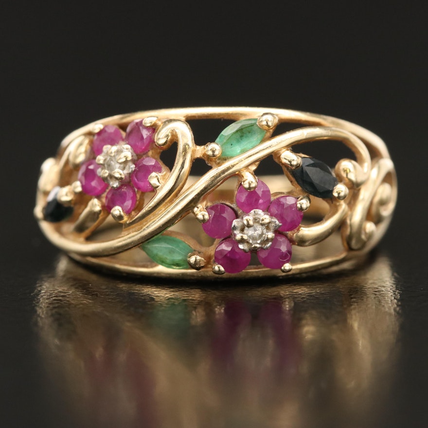 10K Floral Ring Including Ruby, Emerald, Sapphire and Diamond