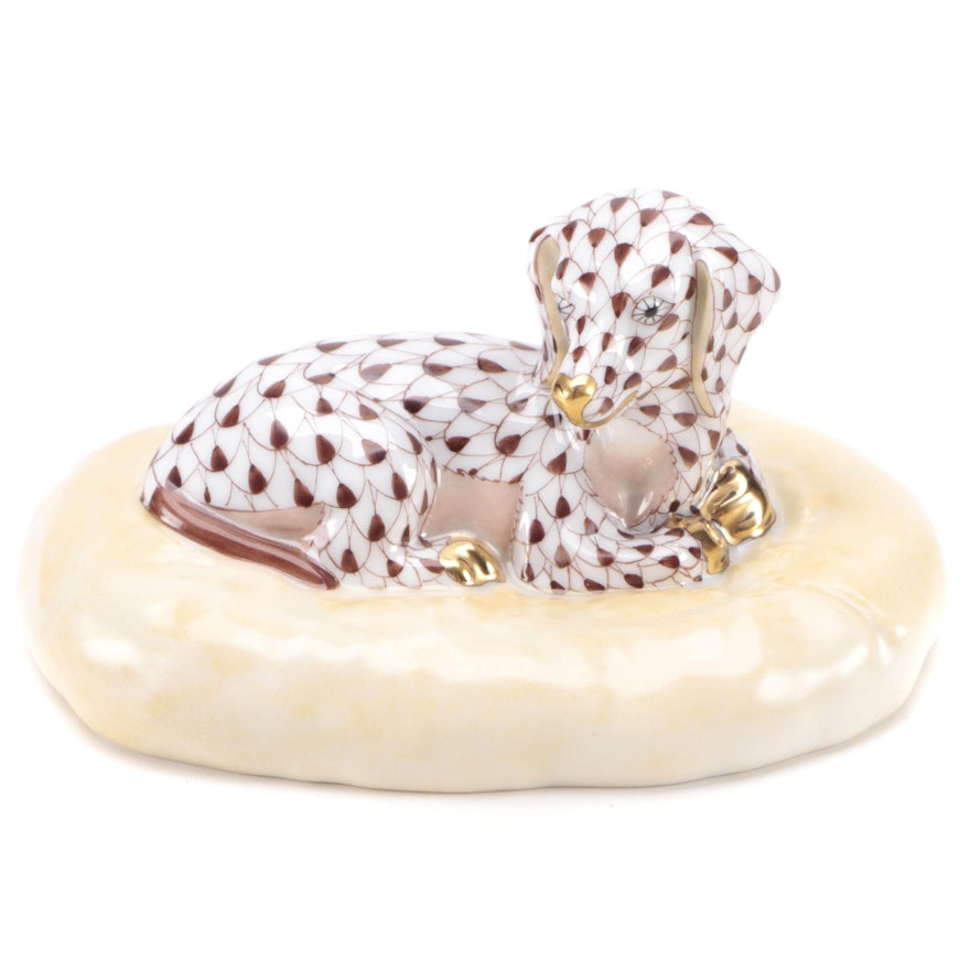 Herend Chocolate Fishnet with Gold "Willie the Dachshund" Porcelain Figurine