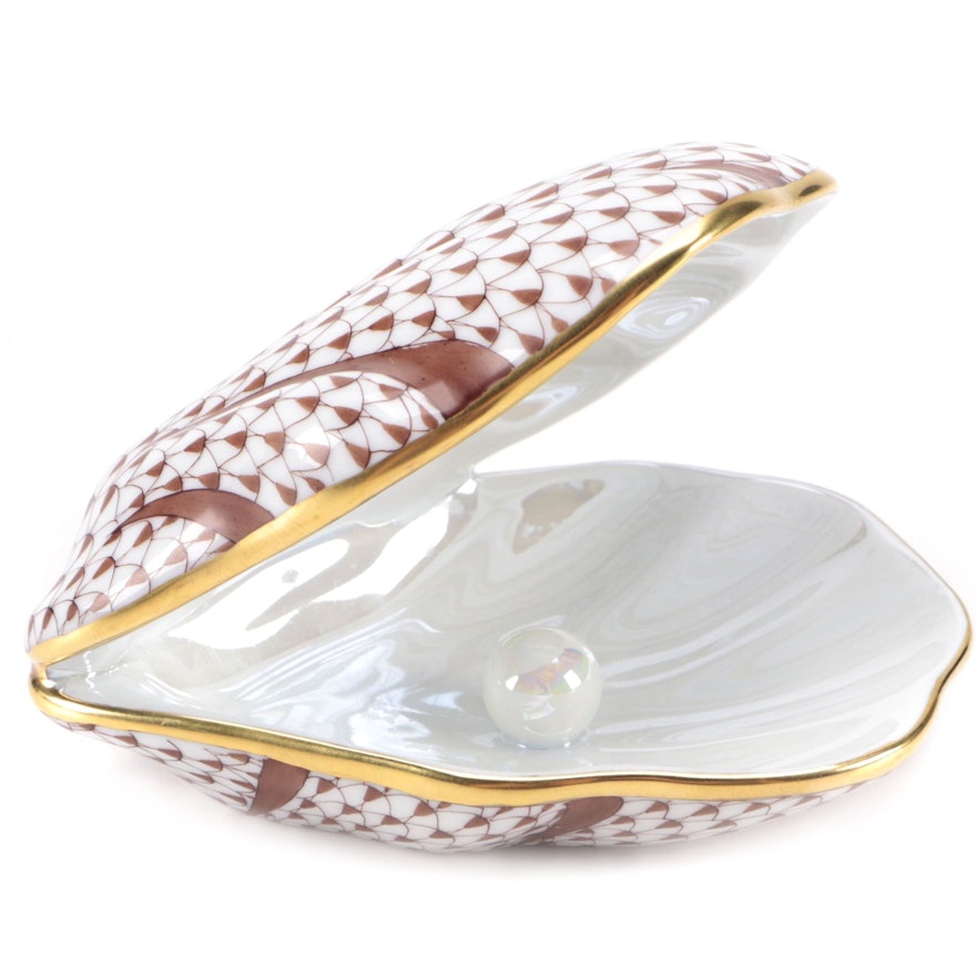 Herend Chocolate Fishnet with Gold "Oyster with Pearl" Porcelain Figurine