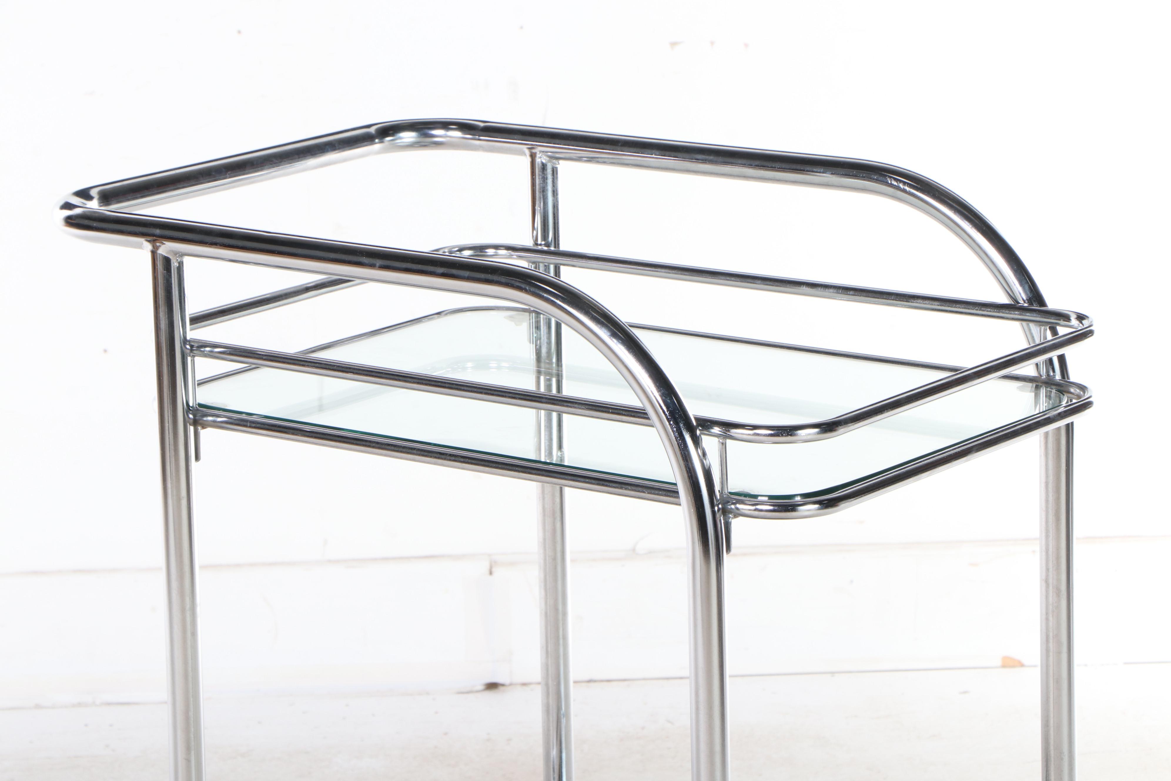 Modernist Style Tubular Chrome Frame and Glass Bar Cart