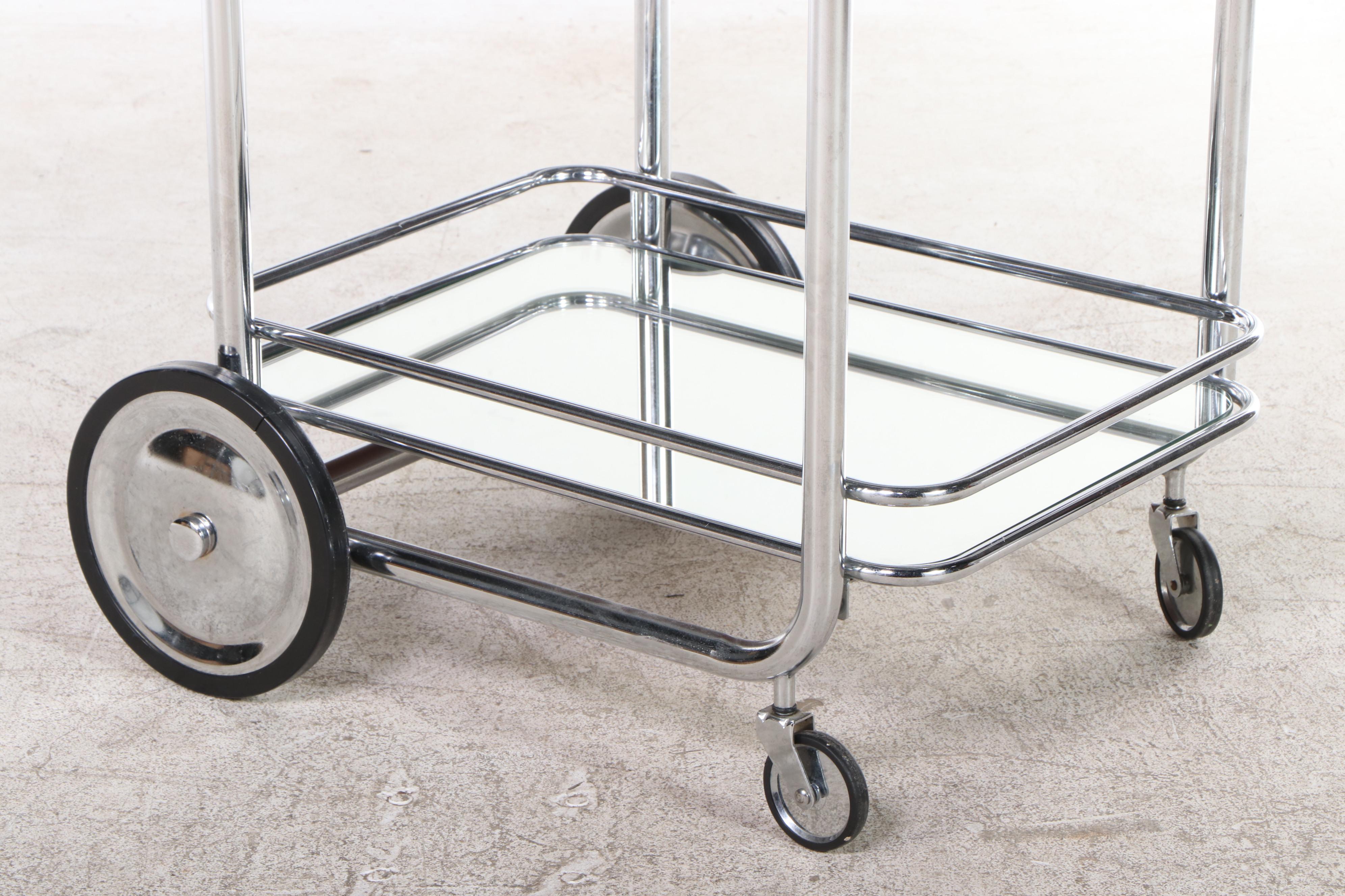 Modernist Style Tubular Chrome Frame and Glass Bar Cart