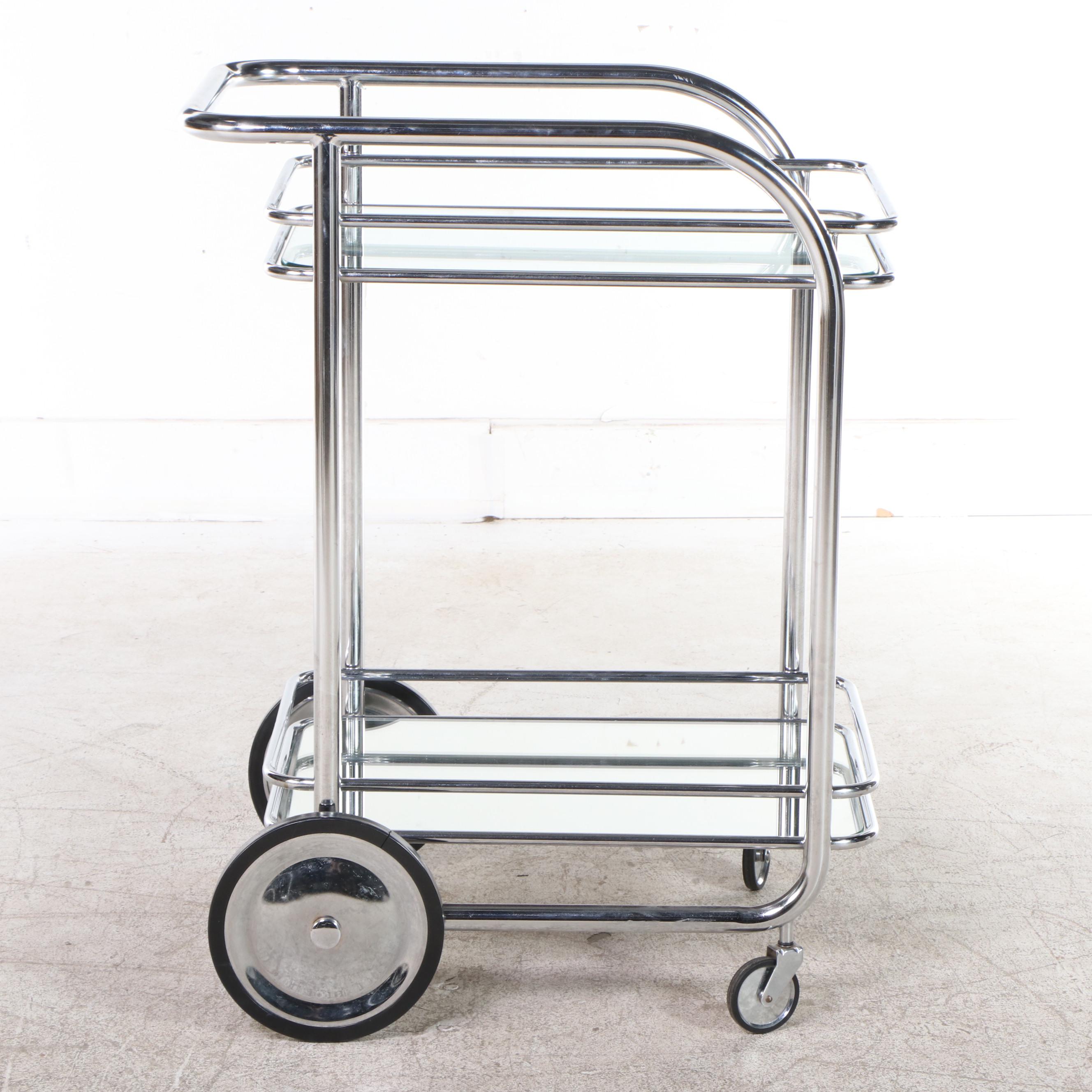 Modernist Style Tubular Chrome Frame and Glass Bar Cart