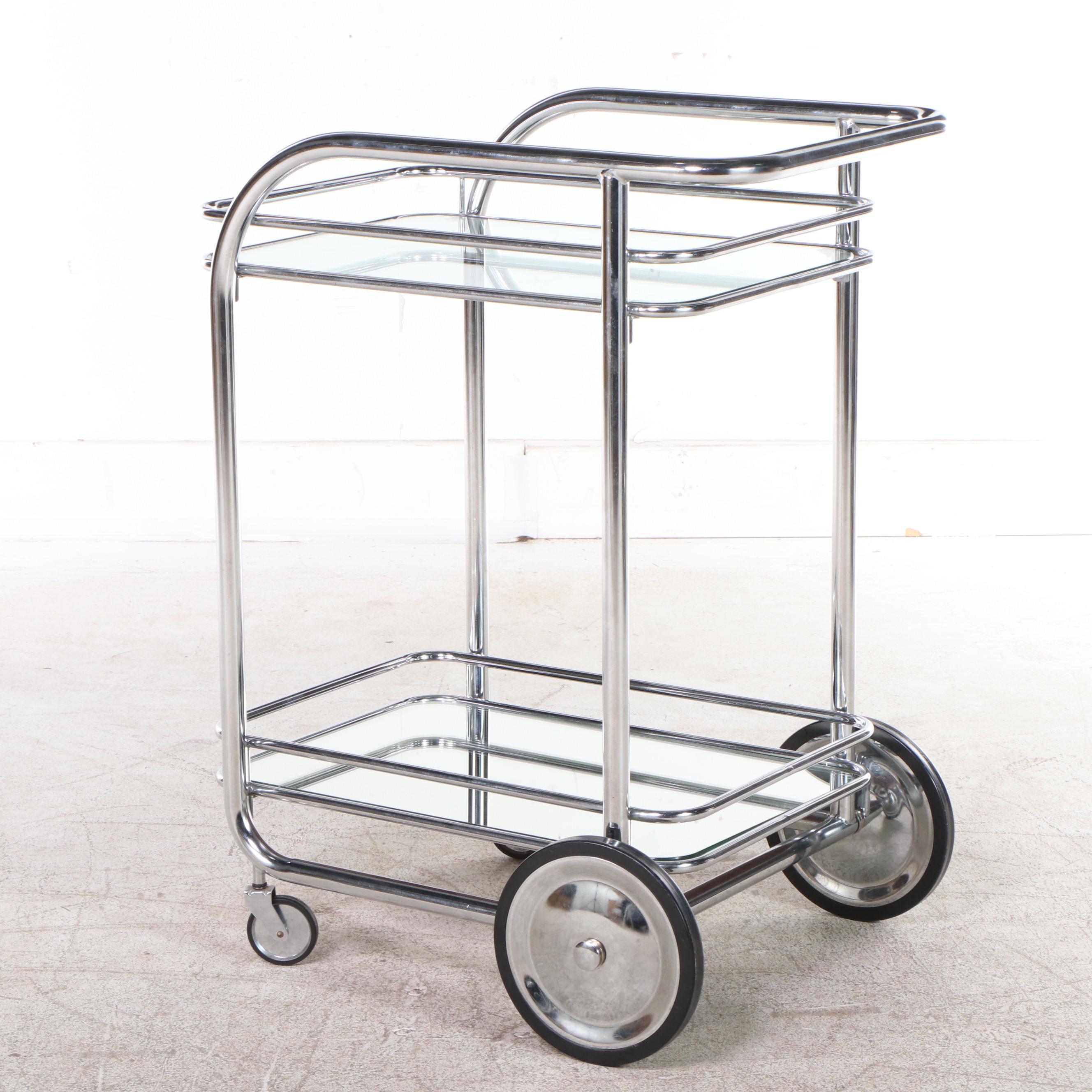 Modernist Style Tubular Chrome Frame and Glass Bar Cart