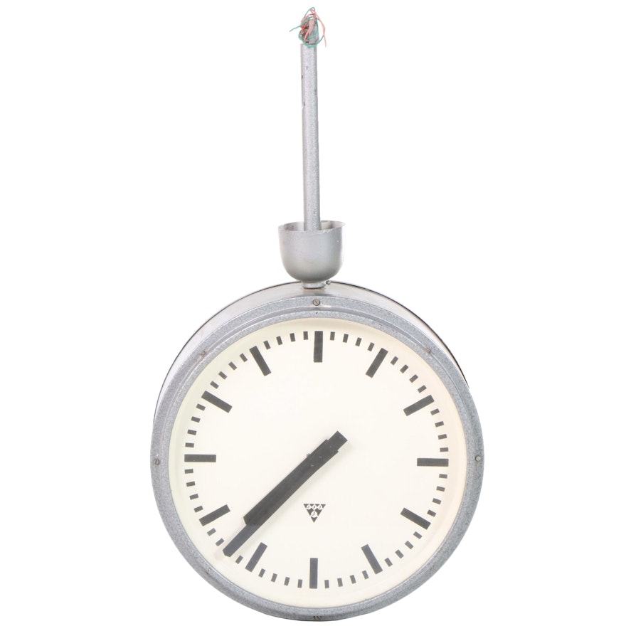 Pragotron Industrial Double-Sided Electric Ceiling-Mount Clock, Mid/Late 20th C
