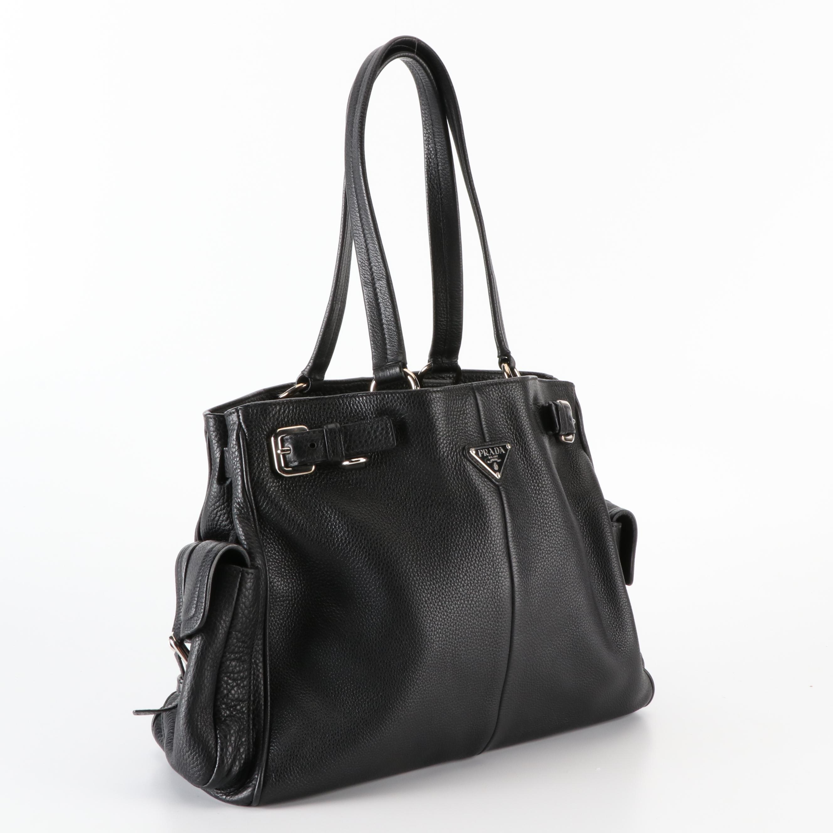 Prada Twin Pocket Medium Shoulder Bag in Black Deerskin Leather
