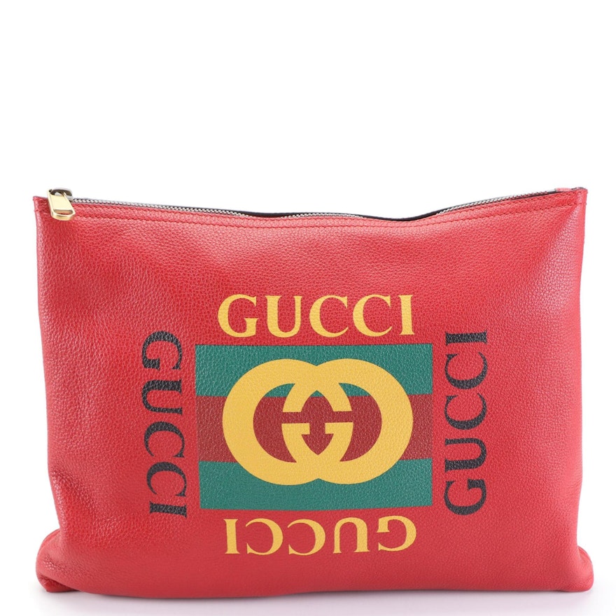 Gucci Logo Portfolio Pouch in Pebbled Calfskin Leather with Box