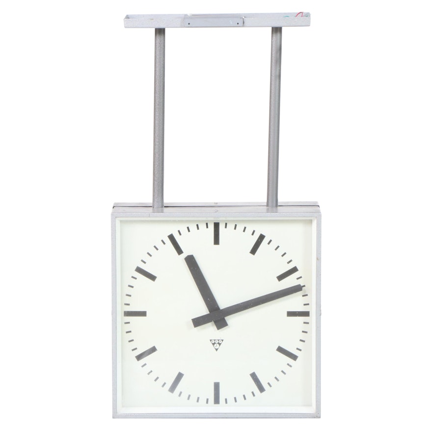 Pragotron Industrial Double-Sided Electric Ceiling-Mount Clock, Mid/Late 20th C
