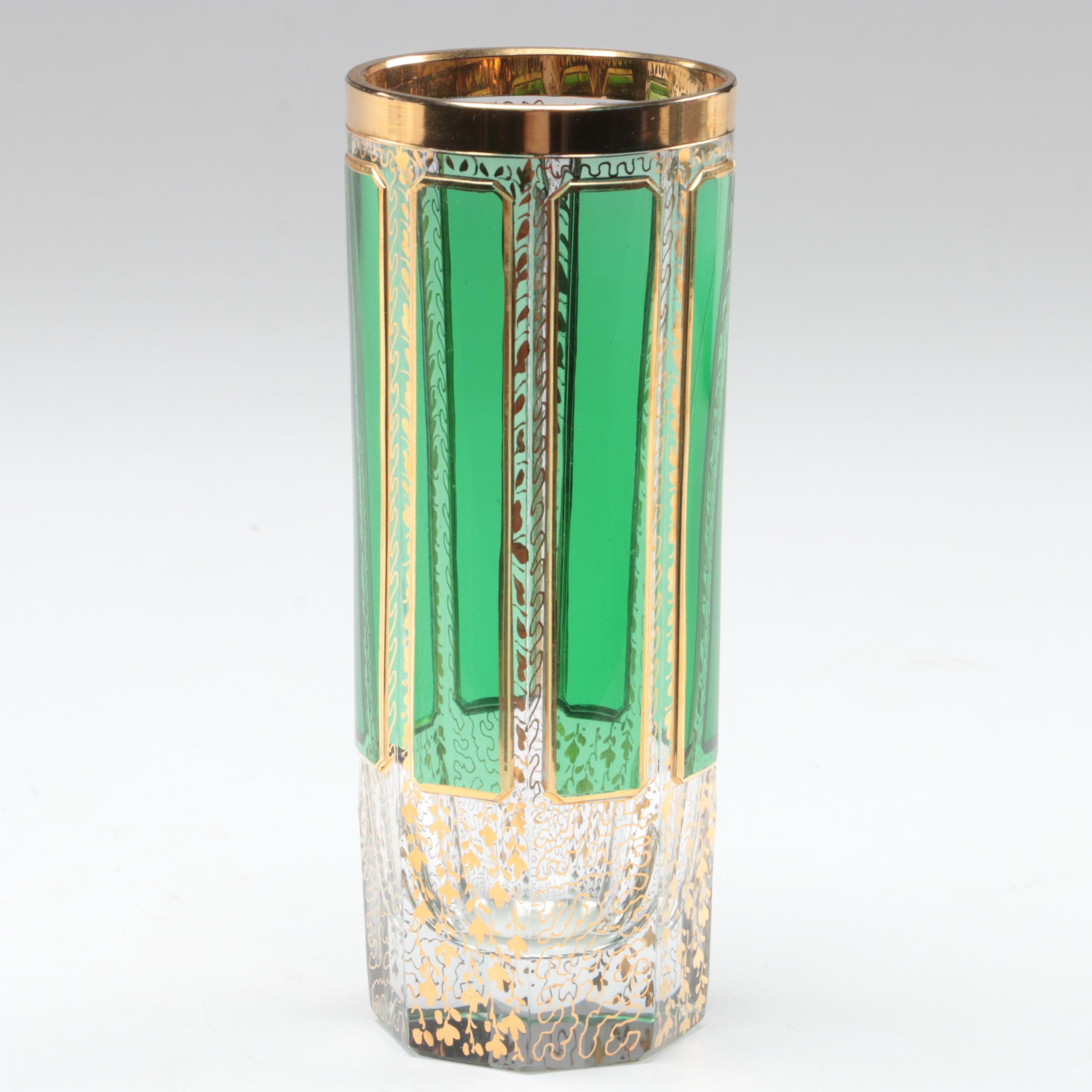 Moser Style Green Paneled Glass Vase, 20th Century