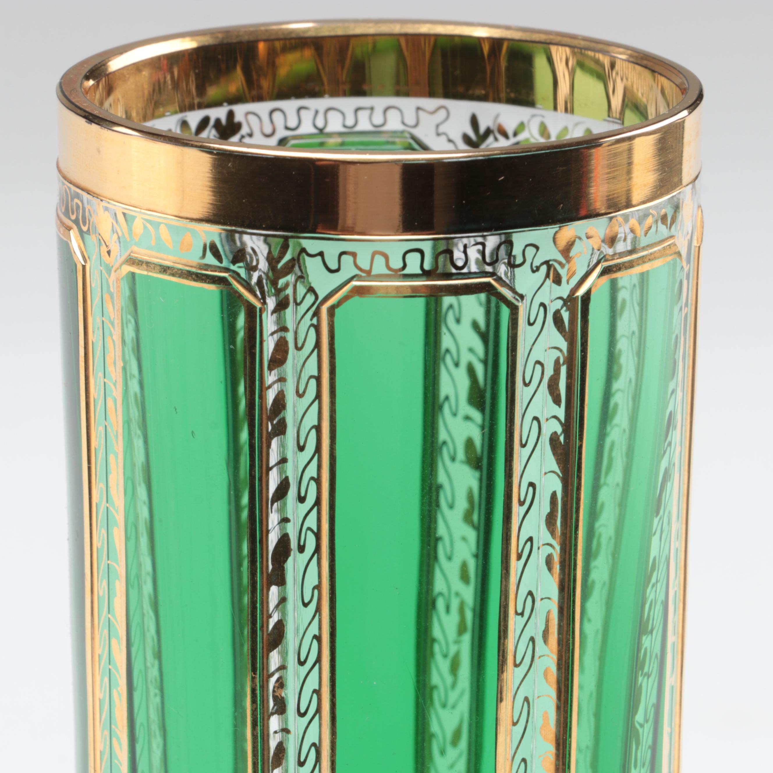 Moser Style Green Paneled Glass Vase, 20th Century