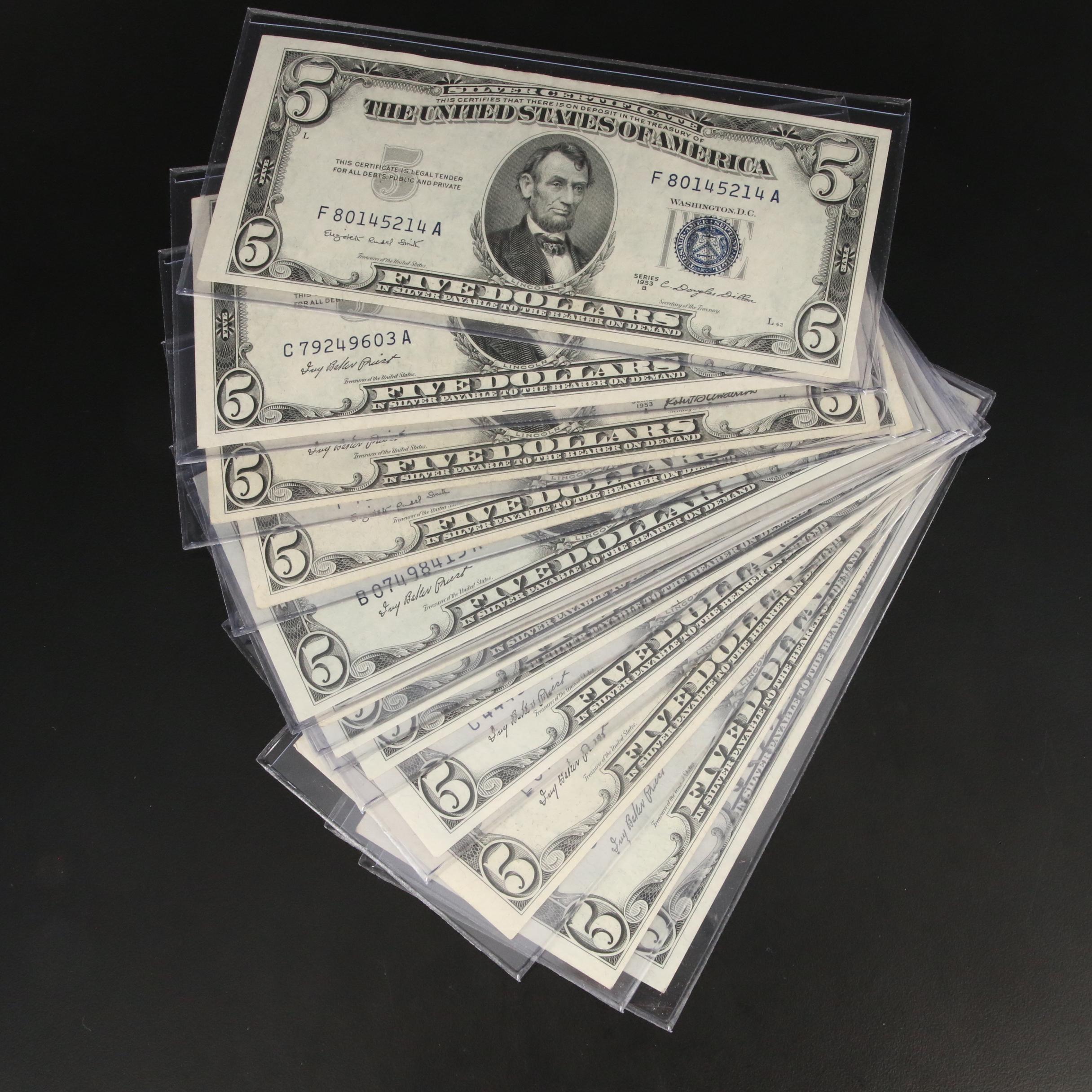 Group of Twelve 1953 Five Dollar Silver Certificates