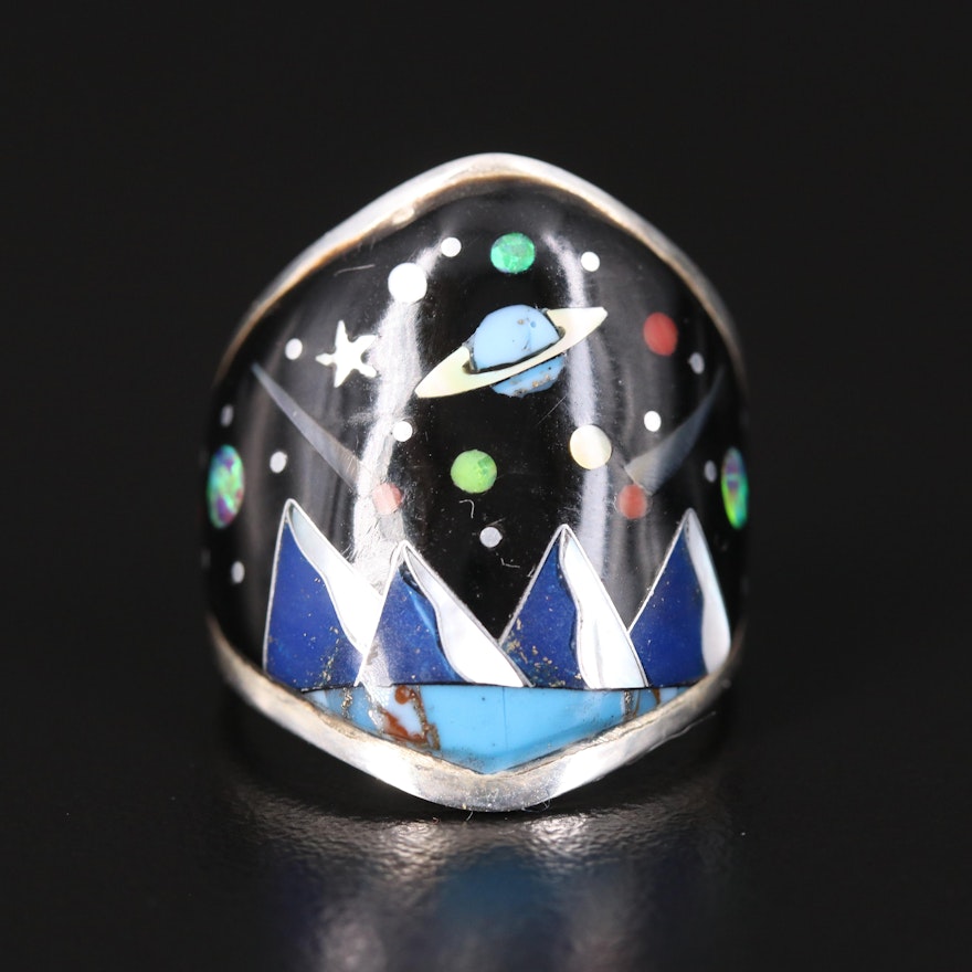 Southwestern Sterling Inlaid Mother-of-Pearl, Abalone and Opal Ring