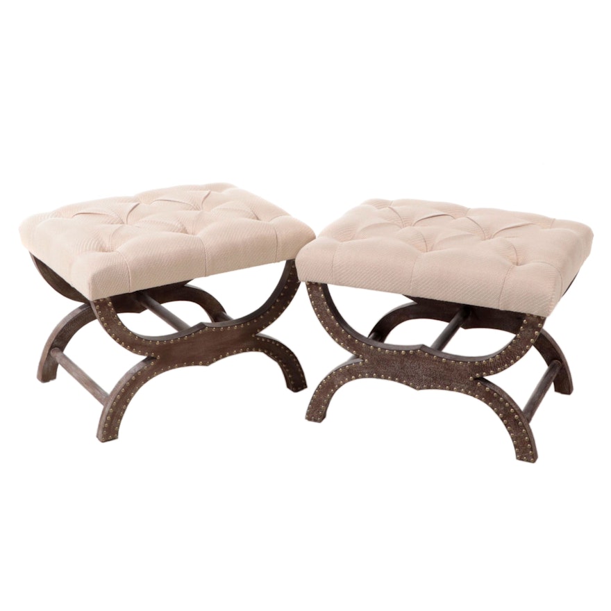 Pair of SoHo Home Decor Tack-Decorated and Custom-Upholstered Curule Stools