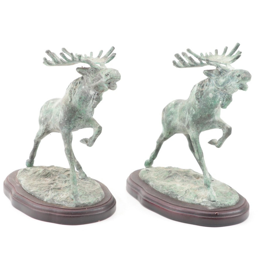 Patinated Cast Metal Moose Bull Figurines