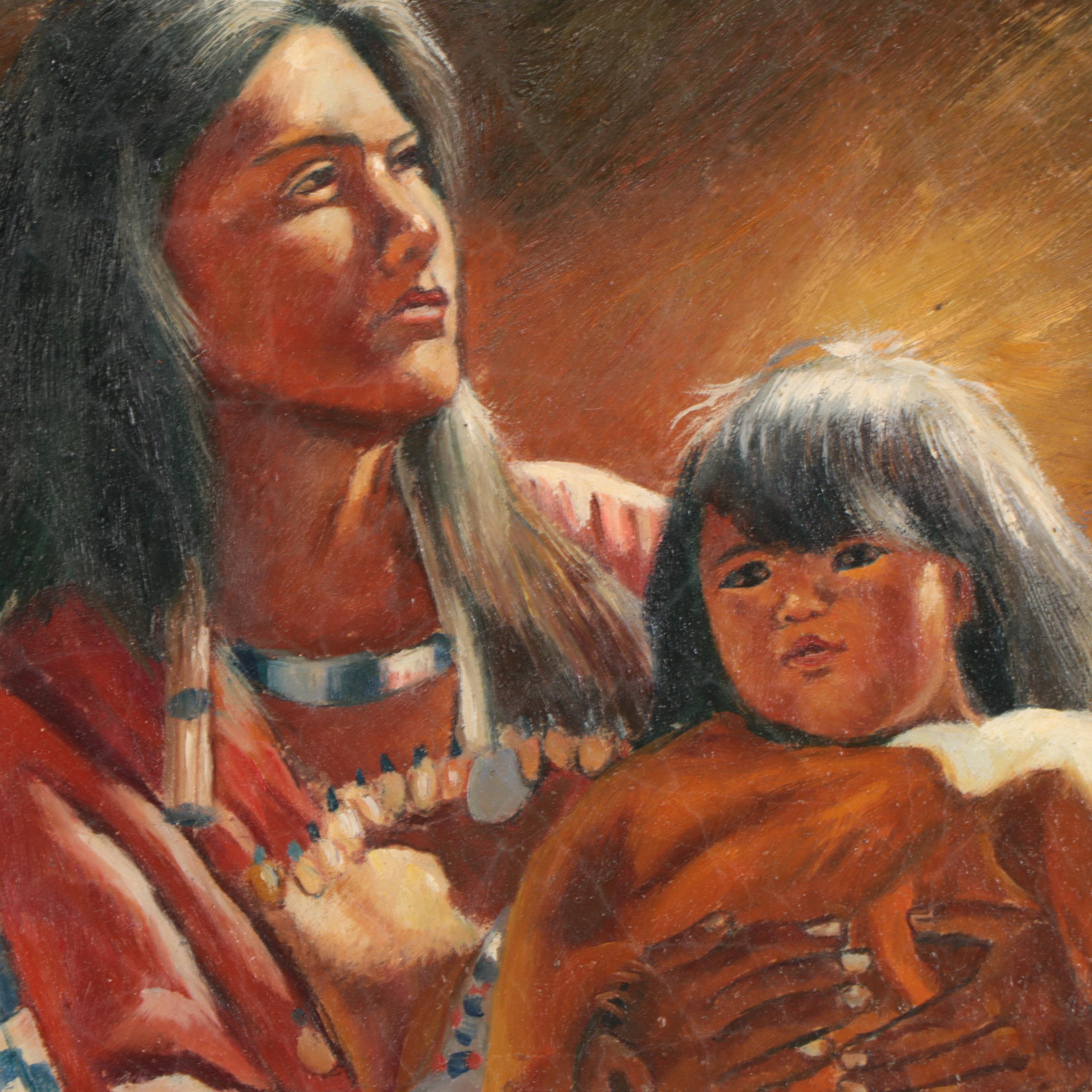Oil Painting of Native American Mother and Child