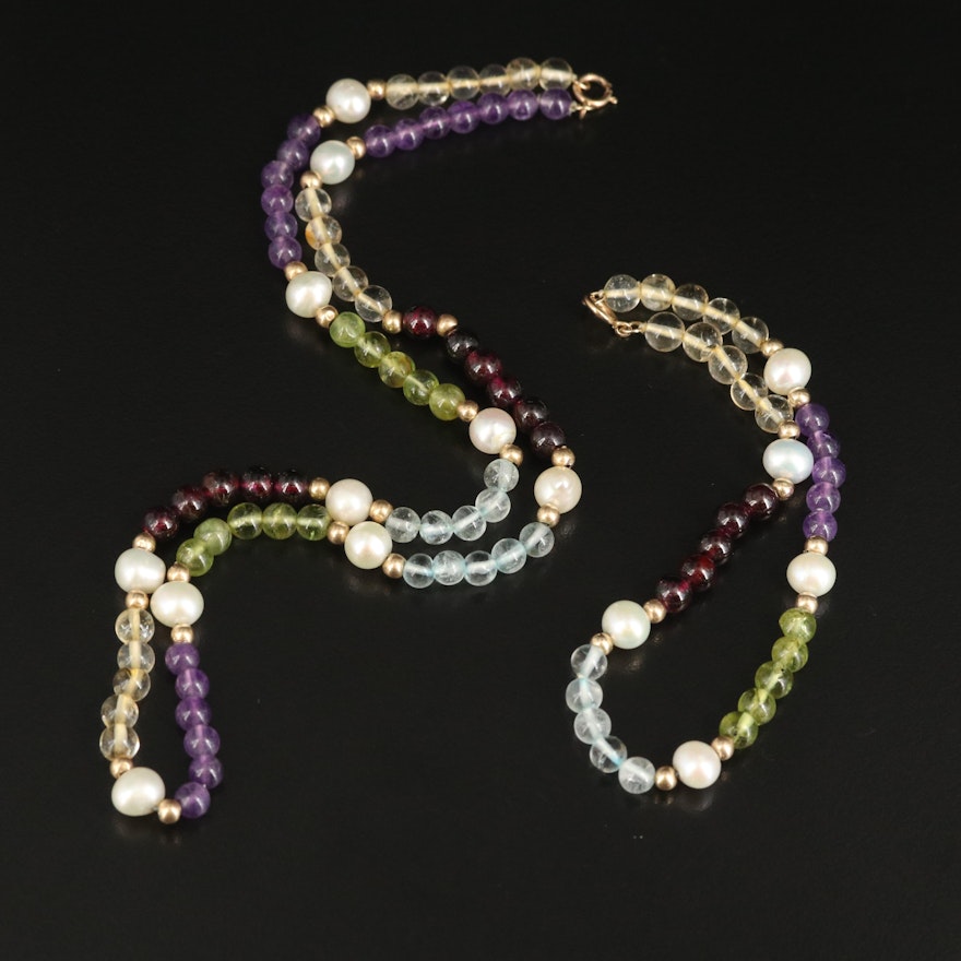 14K Necklace and Bracelet Set with Amethyst, Citrine and Peridot
