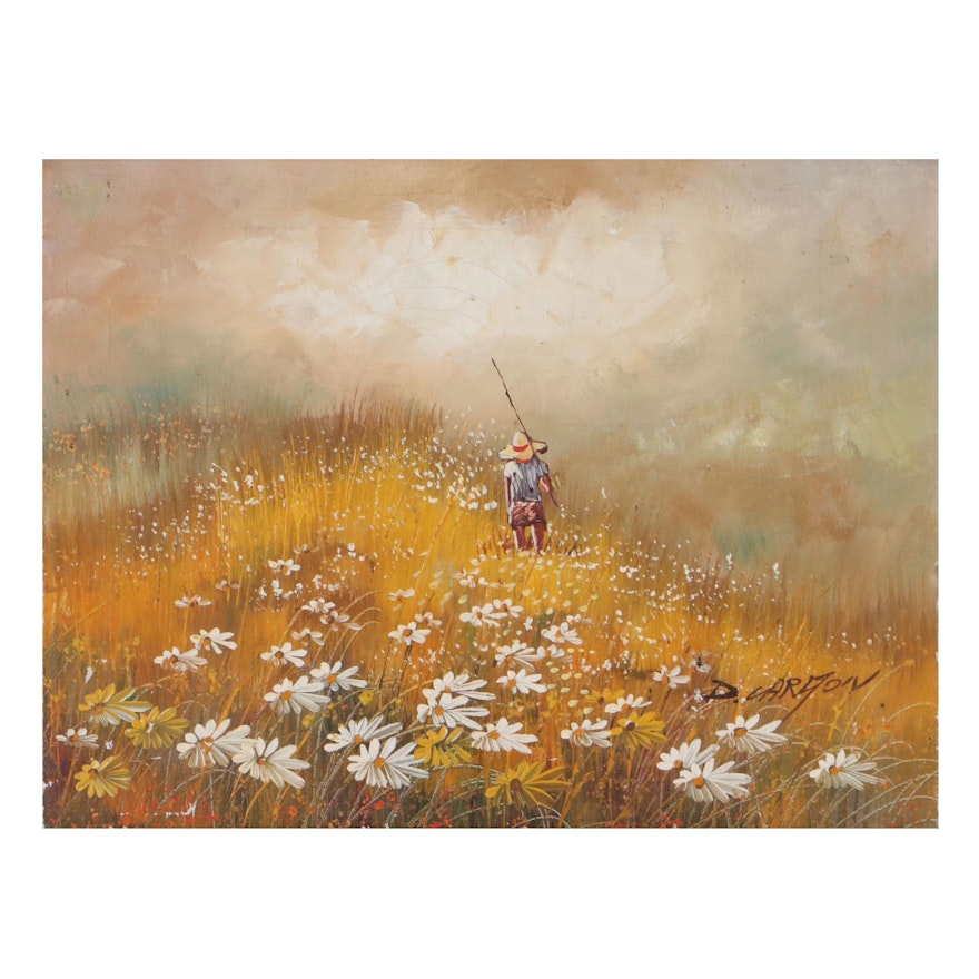 Landscape Oil Painting of Figure in Flower Field, Late 20th Century
