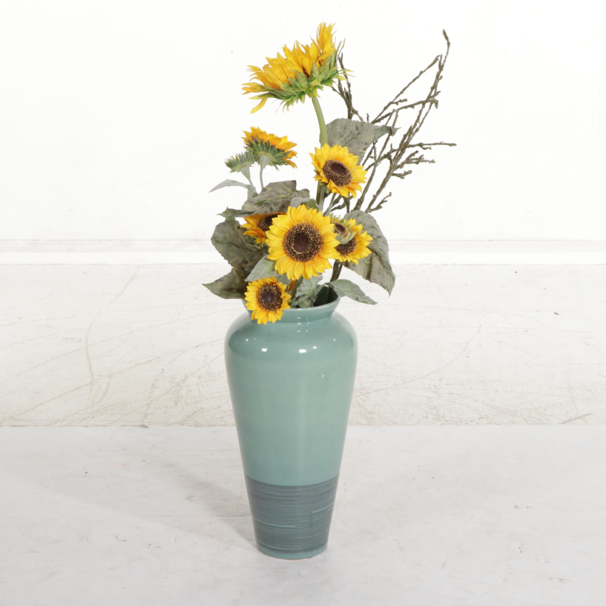 Haeger Large Floor Vase With Artificial Sunflowers