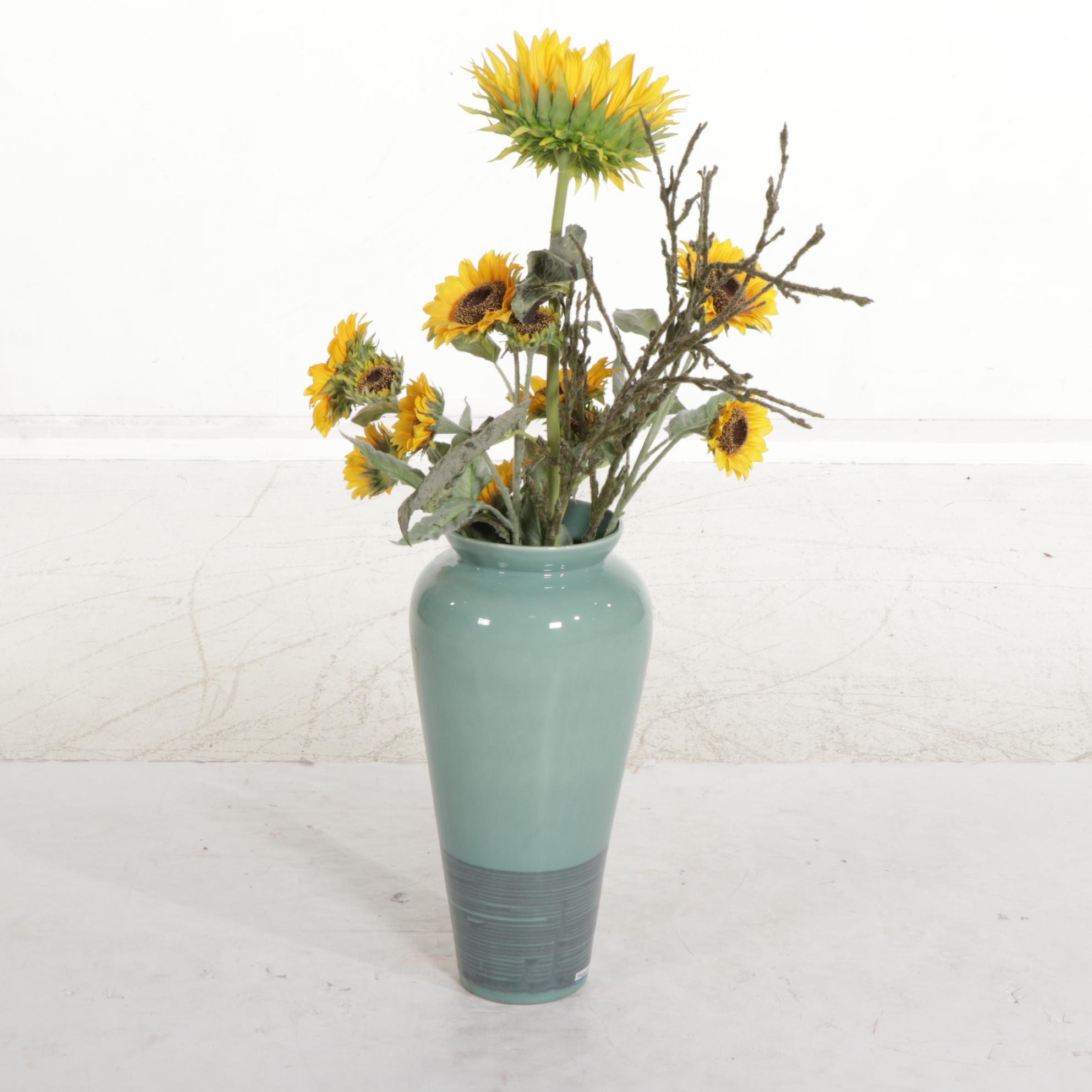Haeger Large Floor Vase With Artificial Sunflowers
