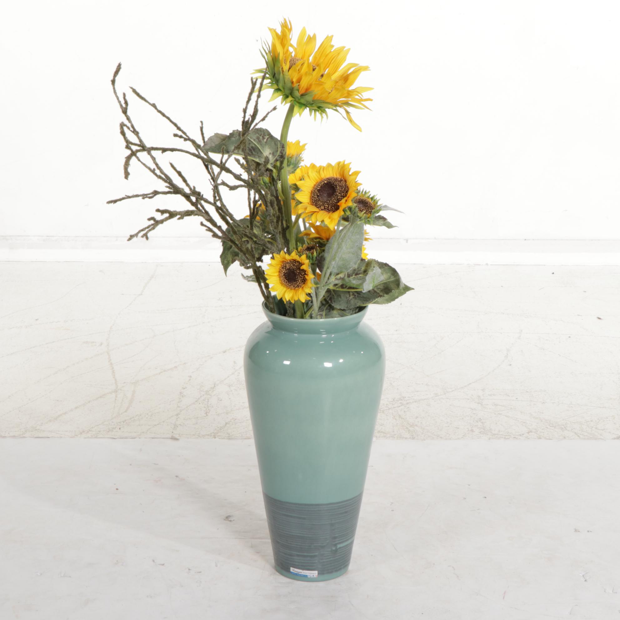 Haeger Large Floor Vase With Artificial Sunflowers