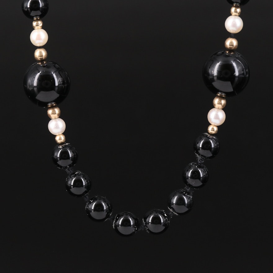 Black Onyx and Pearl Station Necklace with 14K Spacer Beads
