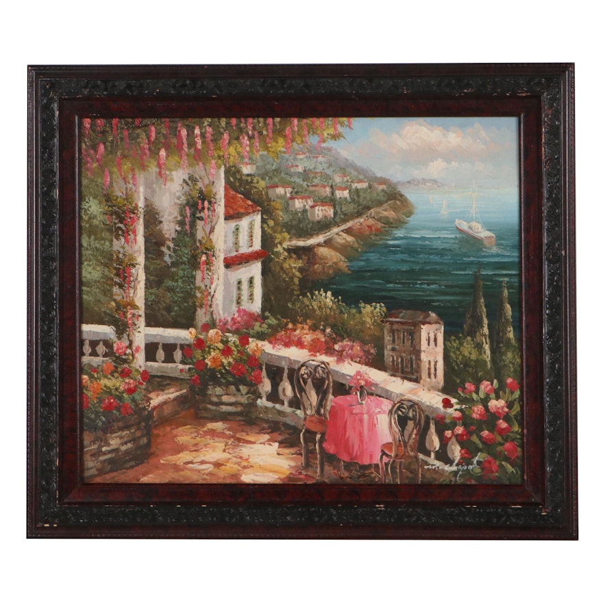 Mariel Chapot Oil Painting of Balcony Overlooking the Sea, Late 20th Century