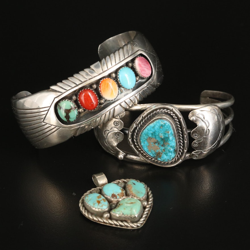 Signed Southwestern Cuffs and Heart Pendant Including Sterling and Turquoise