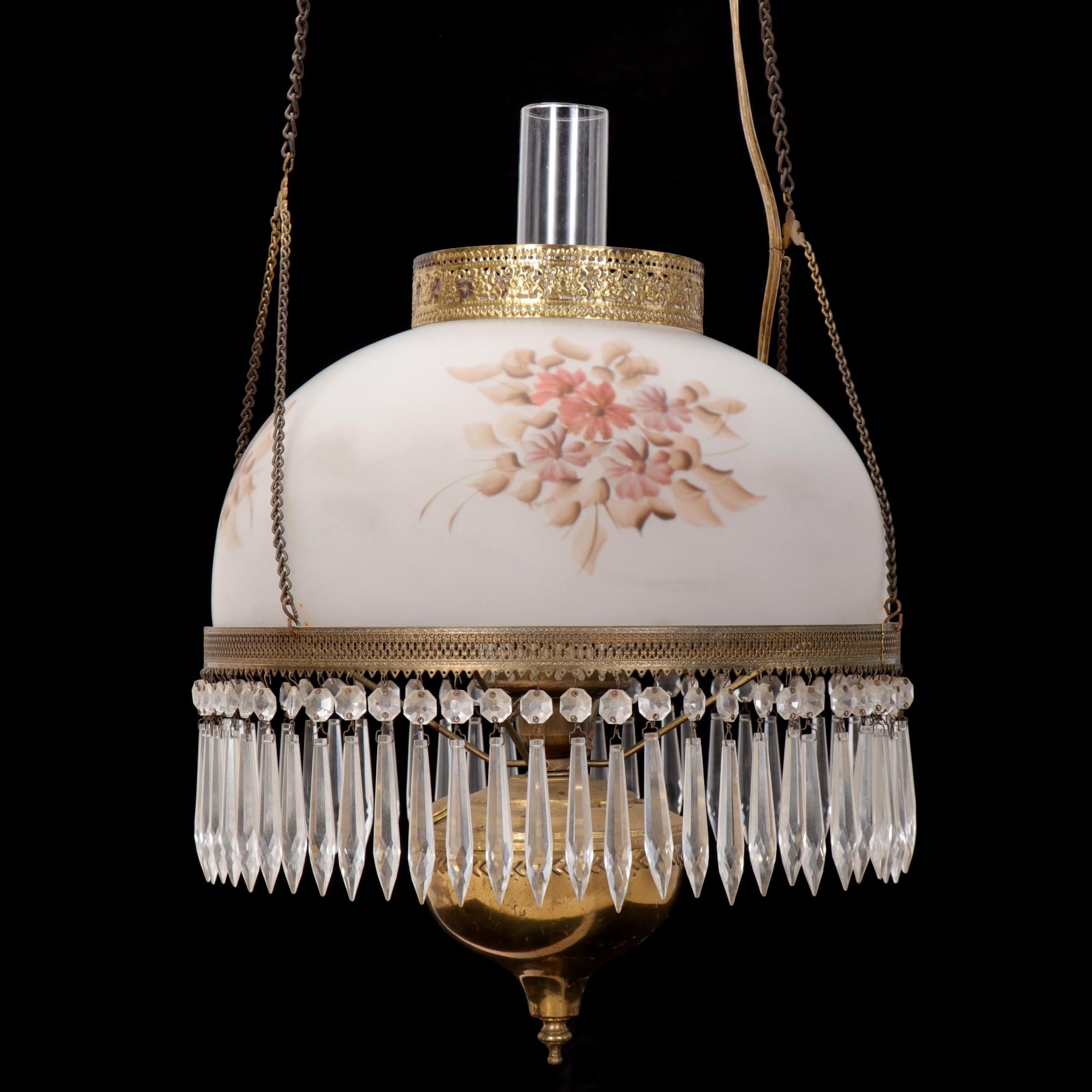 Victorian Converted Brass Oil Pendant Lamp with Reverse Painted Glass Shade