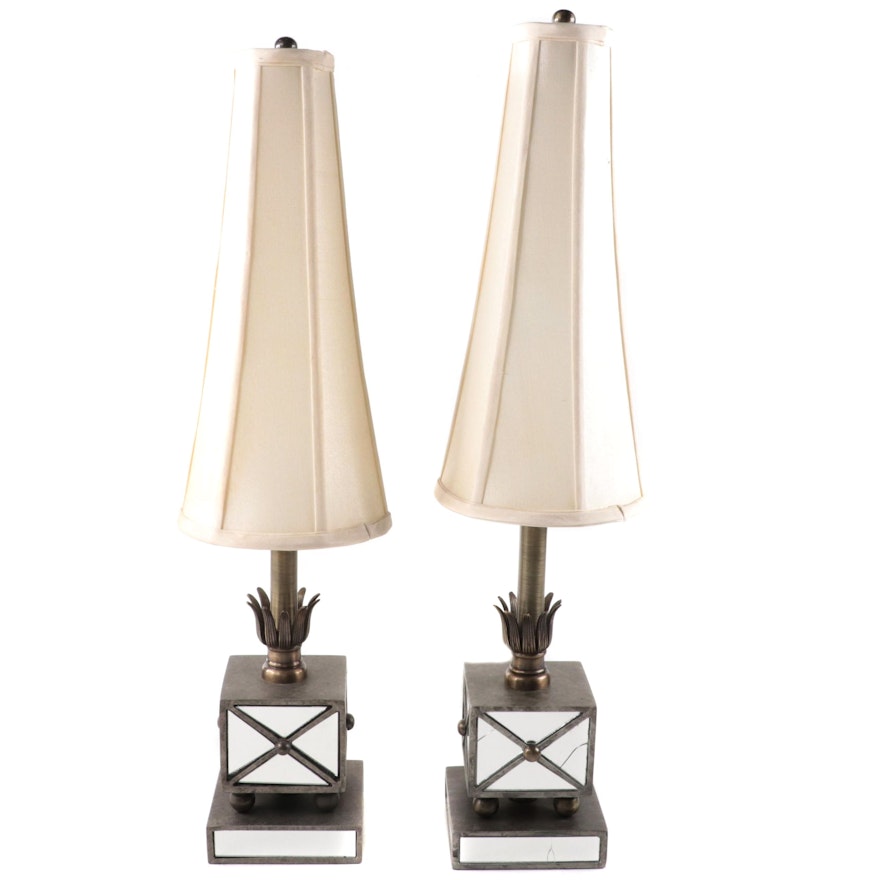 Pair of Mirror and Metal Table Lamps, Contemporary