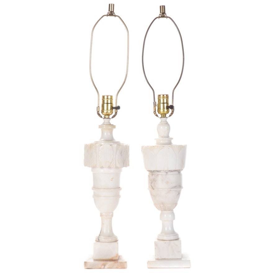 Neoclassical Style Carved Marble Table Lamps, Mid-20th Century