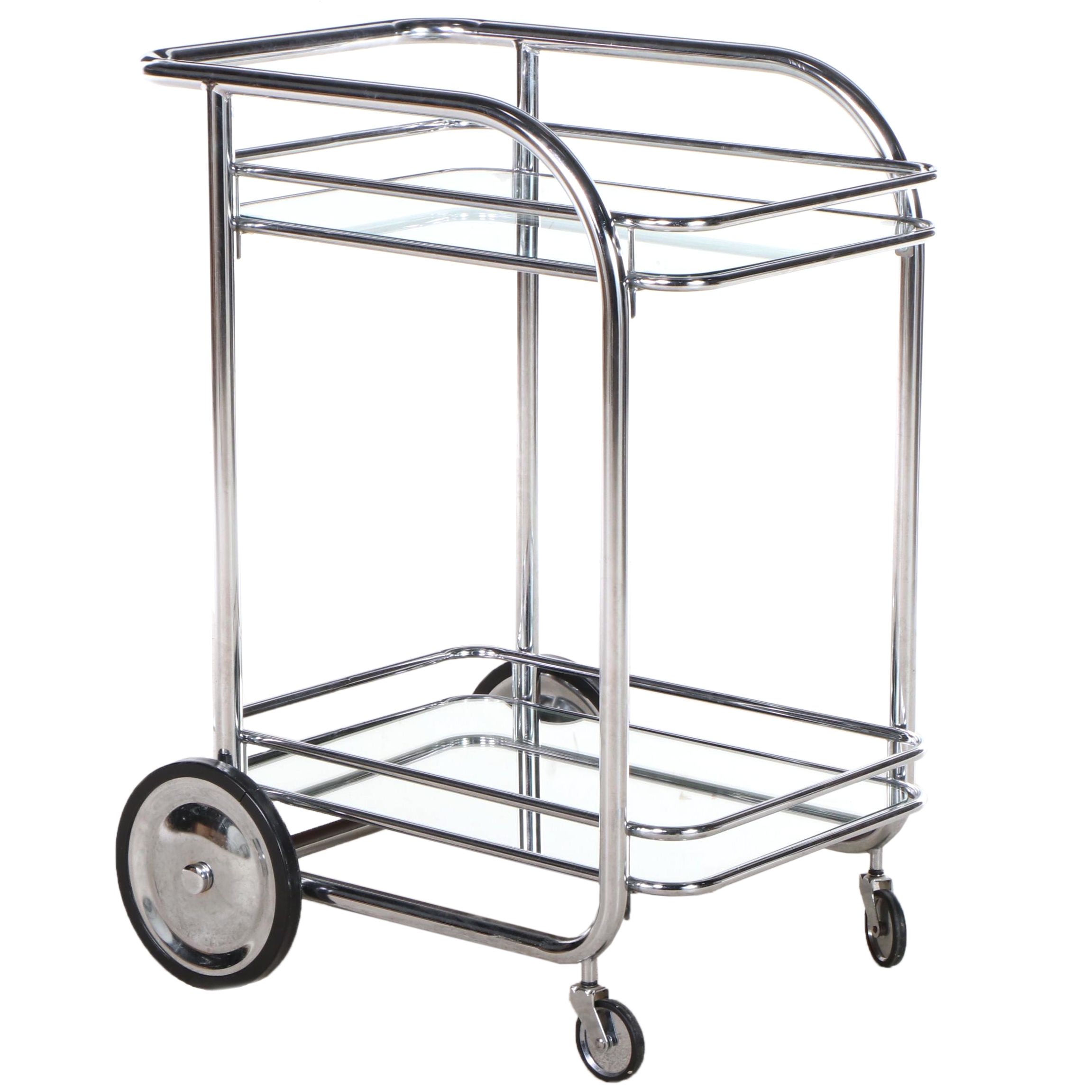 Modernist Style Tubular Chrome Frame and Glass Bar Cart