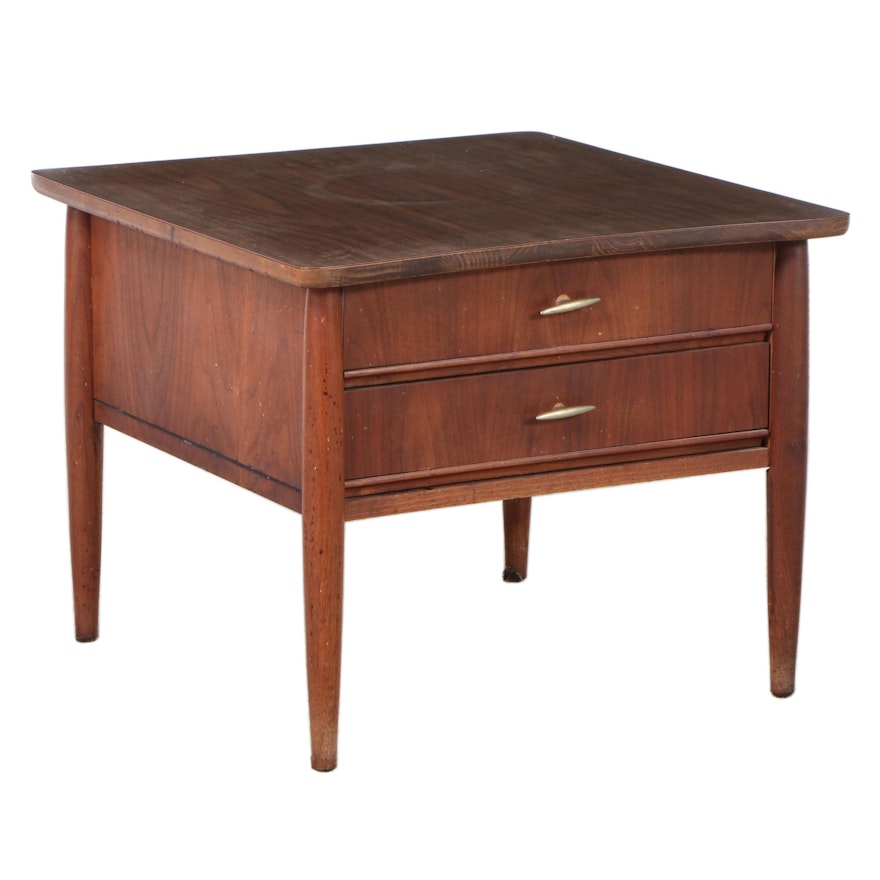 Mid Century Modern Walnut Two-Drawer End Table with Laminate Top
