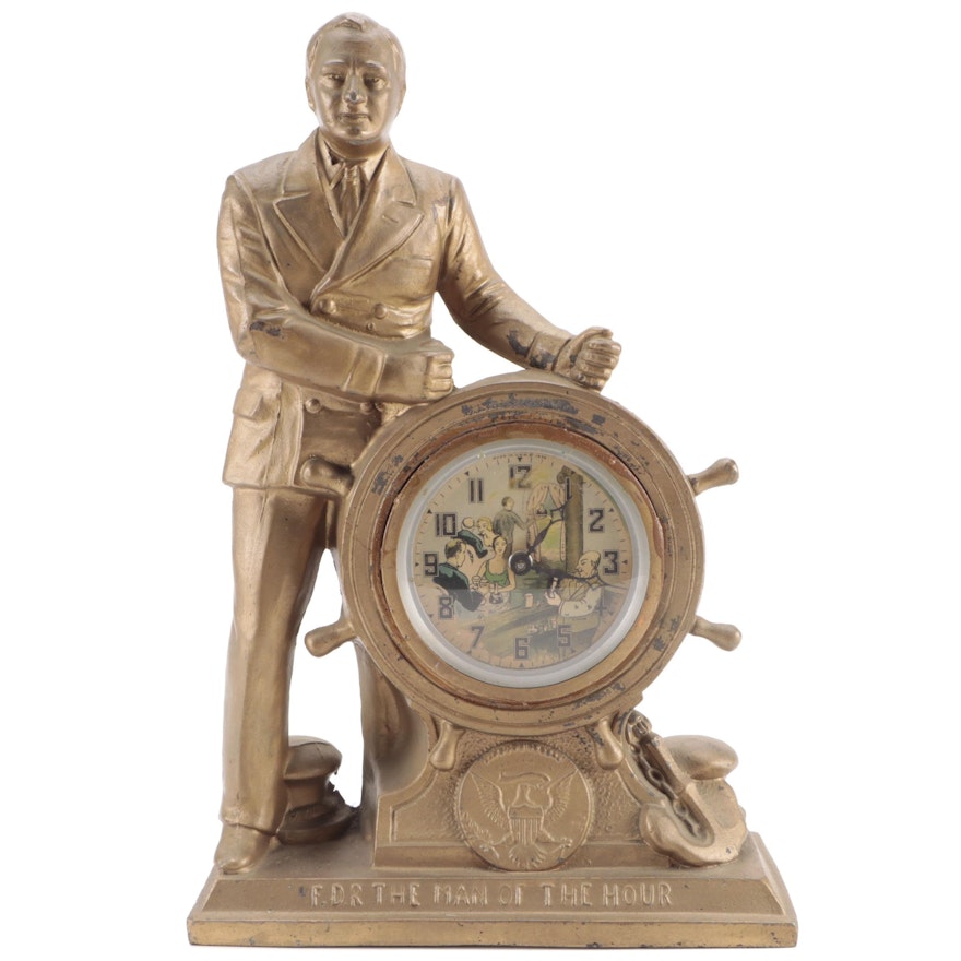 United Clock Company F.D.R. Metal and Glass Mantel Clock, 1933