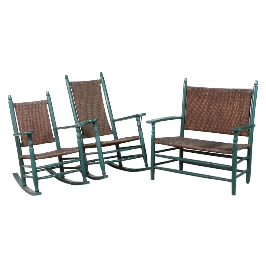 Three-Piece Rustic Green-Painted and Splint-Woven Patio Seating Group