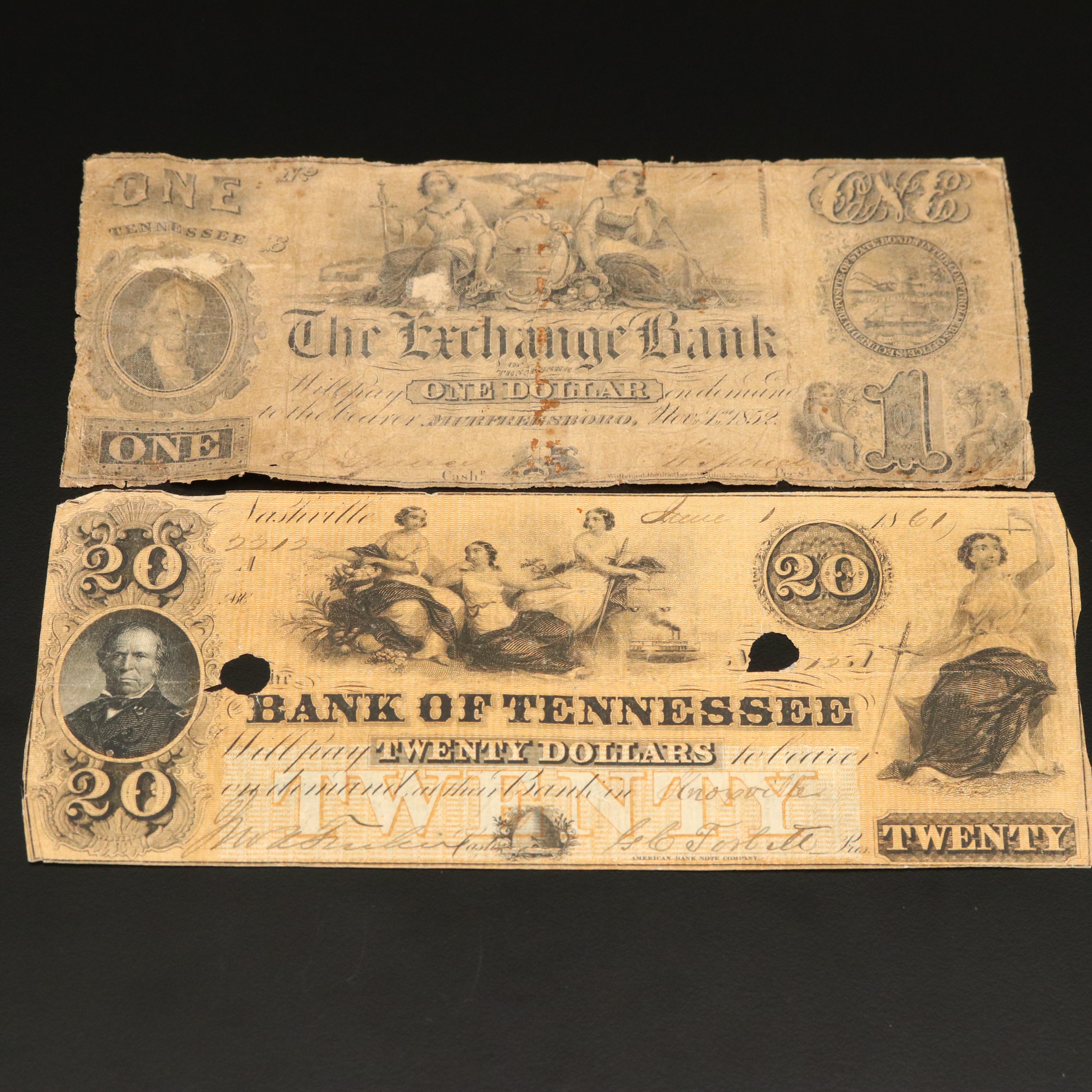 Two Obsolete Mid 19th Century Tennessee Currency Notes