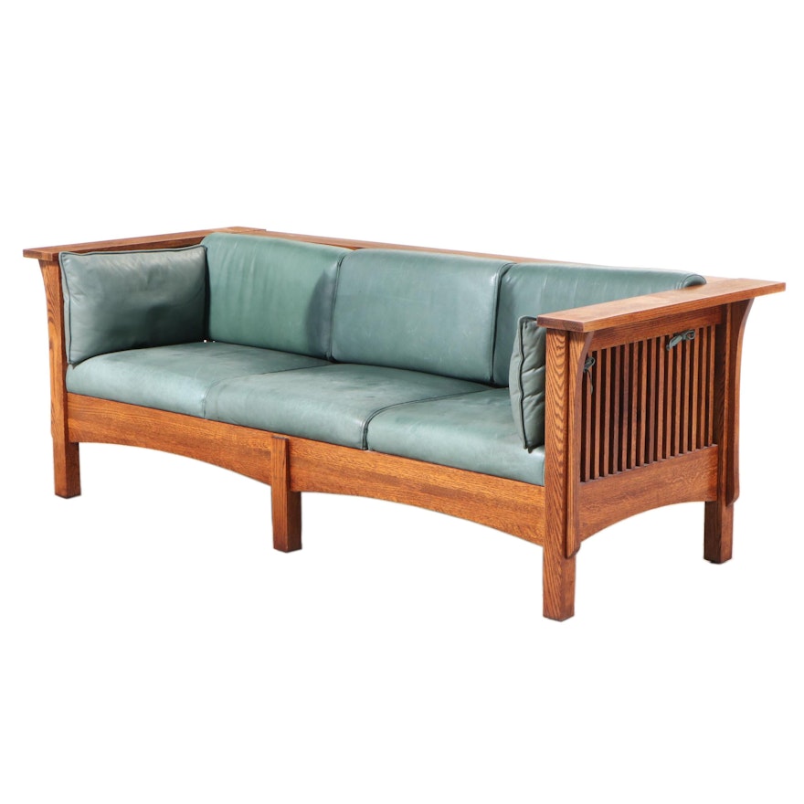 The Michaels Company Arts and Crafts Style Oak and Green Leather Sofa